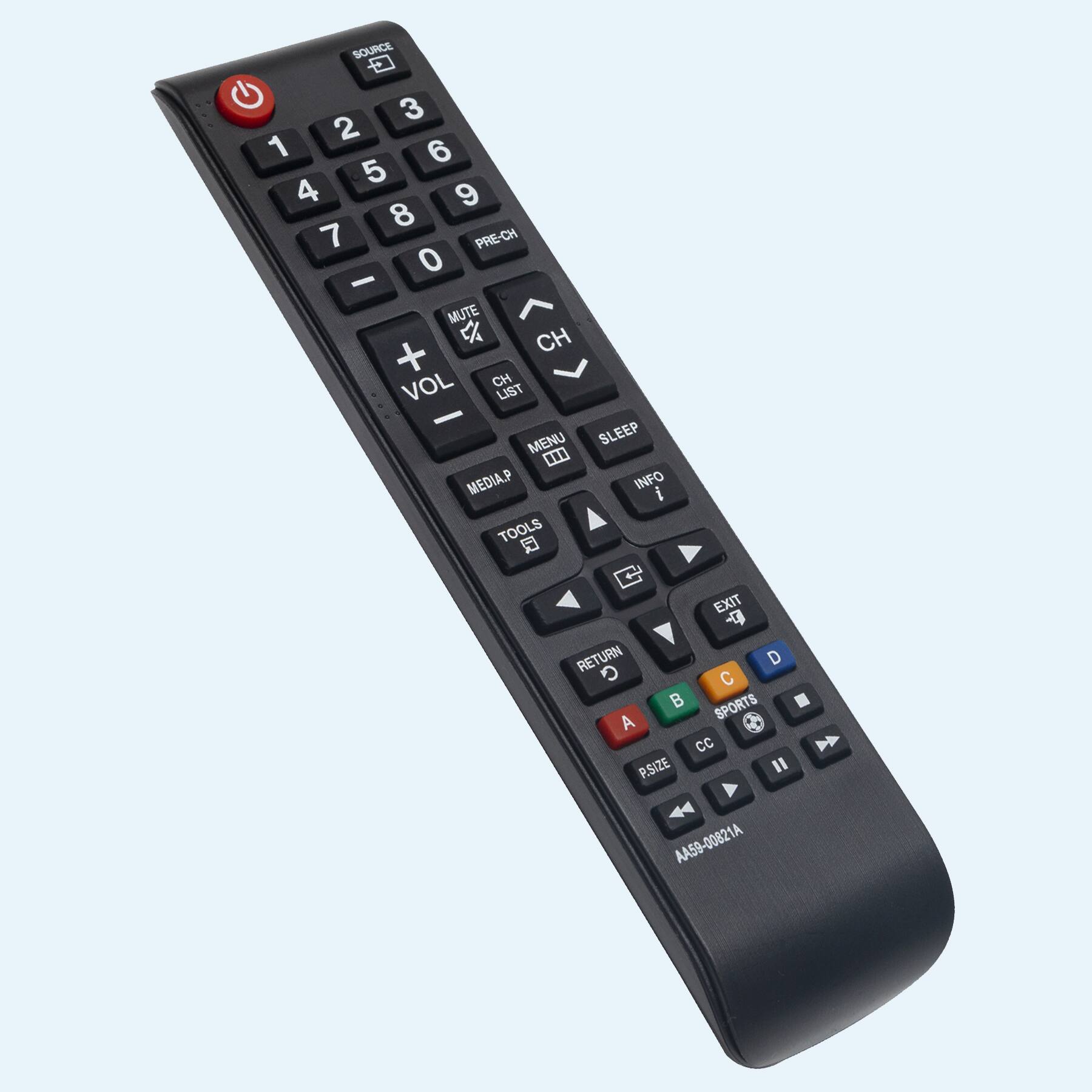 SOURCE 3 2 1 6 5 4 9 8 7 PRE-CH 0 - MUTE CH + VOL CH LIST - MENU SLEEP 0.0 MEDIA.P INFO i TOOLS Q EXIT + RETURN D G C B SPORTS A Cc P.SIZE " AA59-00821A