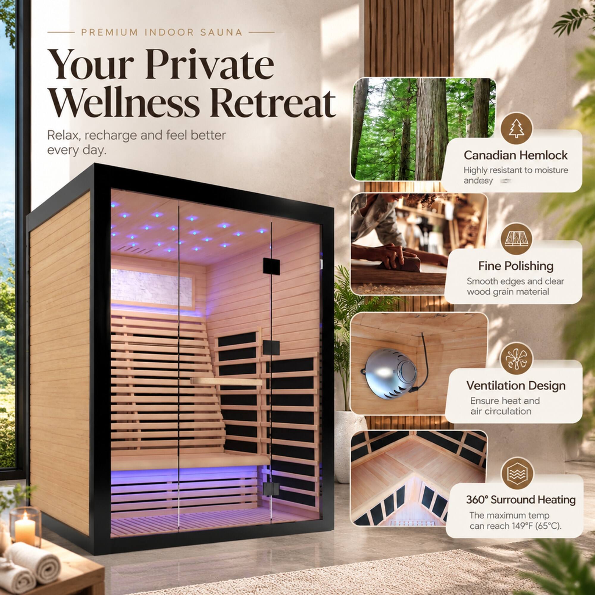 PREMIUM INDOOR SAUNA  
Your Private Wellness Retreat  
Relax, recharge and feel better every day.

Canadian Hemlock  
Highly resistant to moisture and decay

Fine Polishing  
Smooth edges and clear wood grain material

Ventilation Design  
Ensure heat and air circulation

360° Surround Heating  
The maximum temp can reach 149°F (65°C).