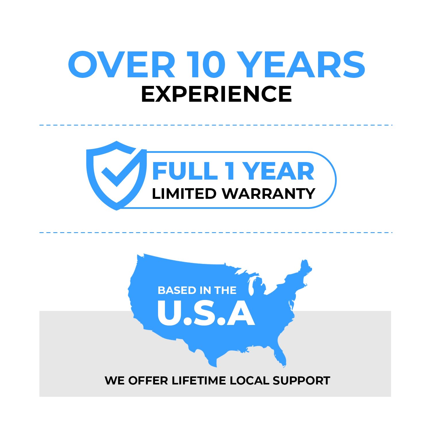 OVER 10 YEARS EXPERIENCE
FULL 1 YEAR LIMITED WARRANTY
BASED IN THE U.S.A
WE OFFER LIFETIME LOCAL SUPPORT