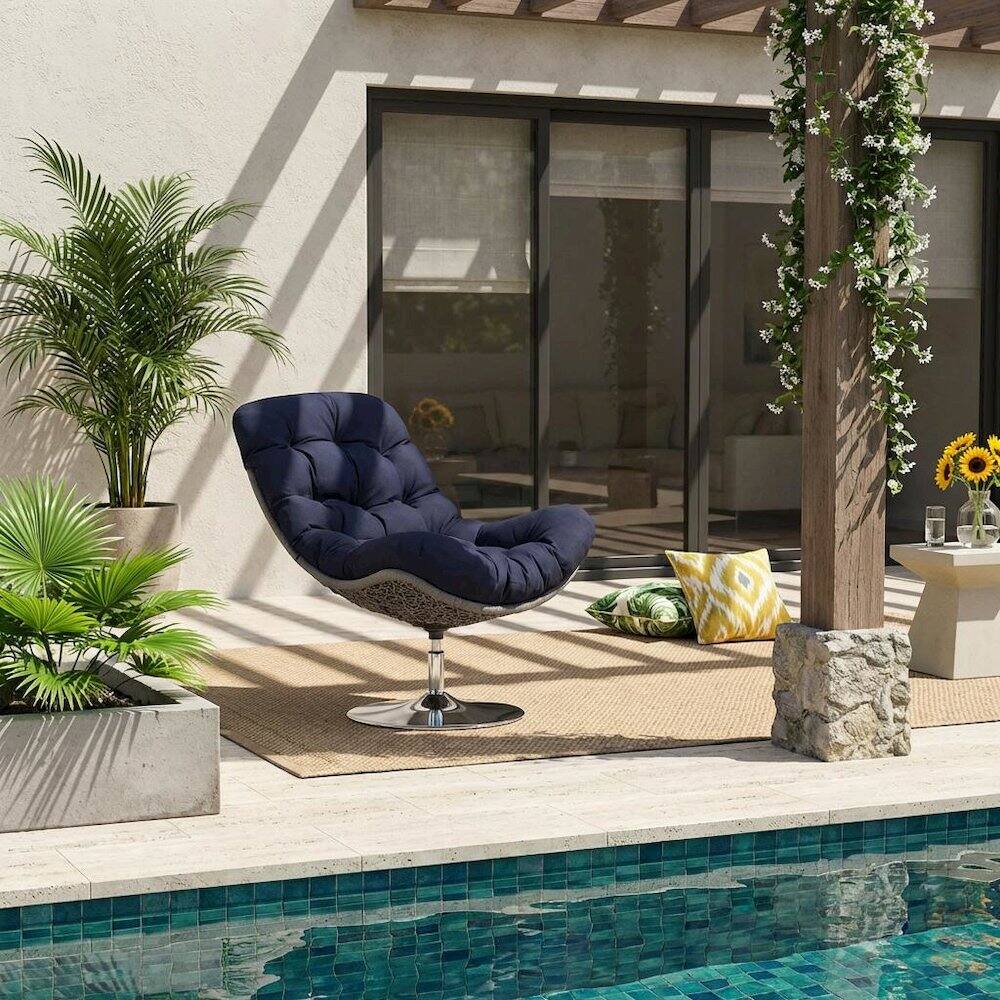 Angle. Outdoor Escape - Wicker Rattan Outdoor Swivel Lounge Chair With Cushioned Seat - Blue.