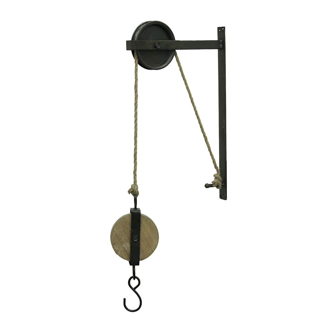 Zeckos - Rustic Vintage Style Metal and Wood Pulley and Hook Wall Hanging - Black
