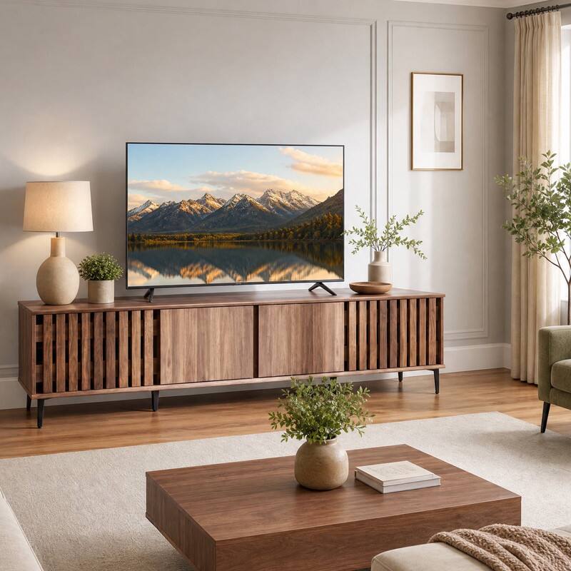 Front. WELLFOR - Mid Century Modern TV Stand for TVs Up to 80" with 4 Storage Cabinets, Wood Entertainment Center TV Console - Walnut.