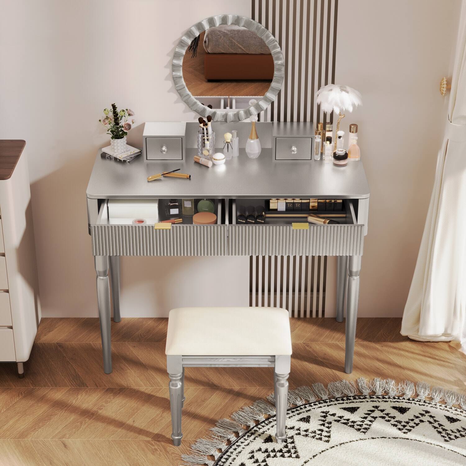 Front. Lirago - Silver Wood Dressing Table with Mirror Adjustable Height 4 Drawer Dresser Desk  Stool Set 17.7”D x 39.4”W x 50.4”H - Silver.