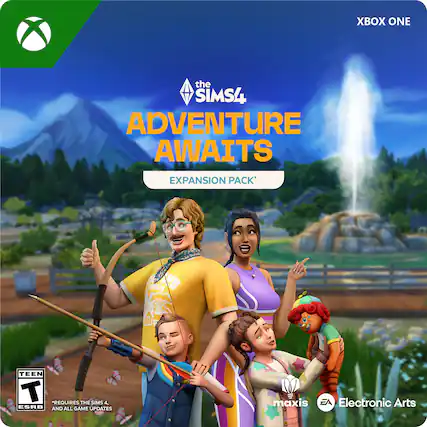 Sure, here is the corrected and grouped text from the image:
---
**XBOX ONE**
**the SIMS 4**
**ADVENTURE AWAITS**
**EXPANSION PACK**
*REQUIRES THE SIMS 4 AND ALL GAME UPDATES*
**TEEN**
**ESRB**
**maxis**
**EA Electronic Arts**
---
This text is organized as it appears on the image. - T (Teen 13+)