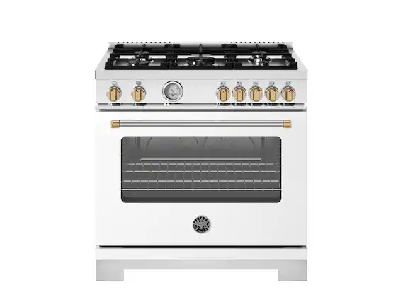 Front. Bertazzoni - 36" Master Series All-Gas Range - Bianco Matte / Brushed Gold - Bianco Matt.