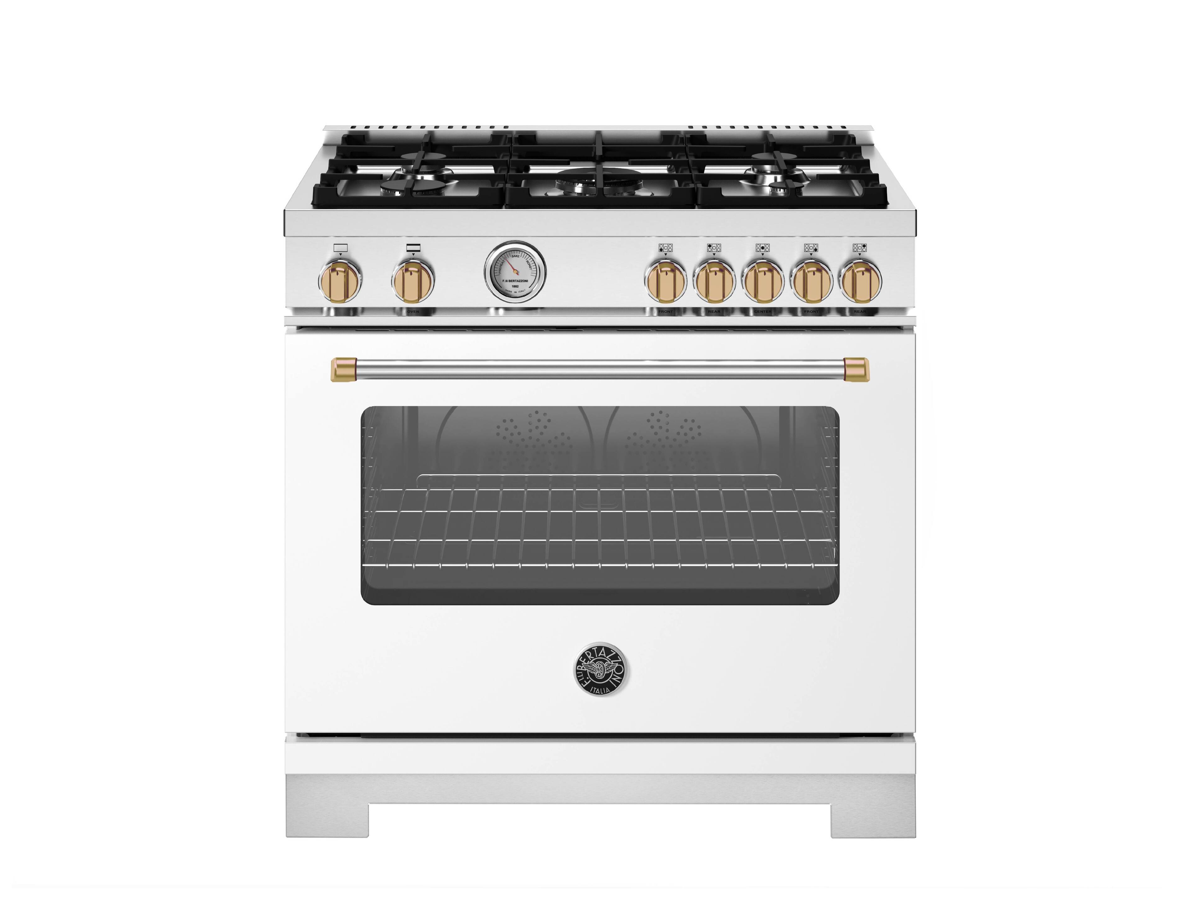 Front. Bertazzoni - 36" Master Series All-Gas Range - Bianco Matte / Brushed Gold - Bianco Matt.