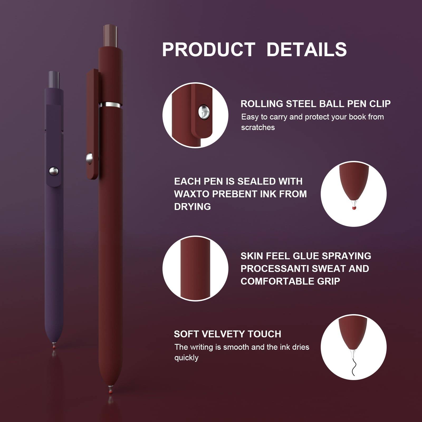 PRODUCT DETAILS

- ROLLING STEEL BALL PEN CLIP
  - Easy to carry and protect your book from scratches

- EACH PEN IS SEALED WITH WAX TO PREVENT INK FROM DRYING

- SKIN FEEL GLUE SPRAYING PROCESS
  - Anti-sweat and comfortable grip

- SOFT VELVETY TOUCH
  - The writing is smooth and the ink dries quickly