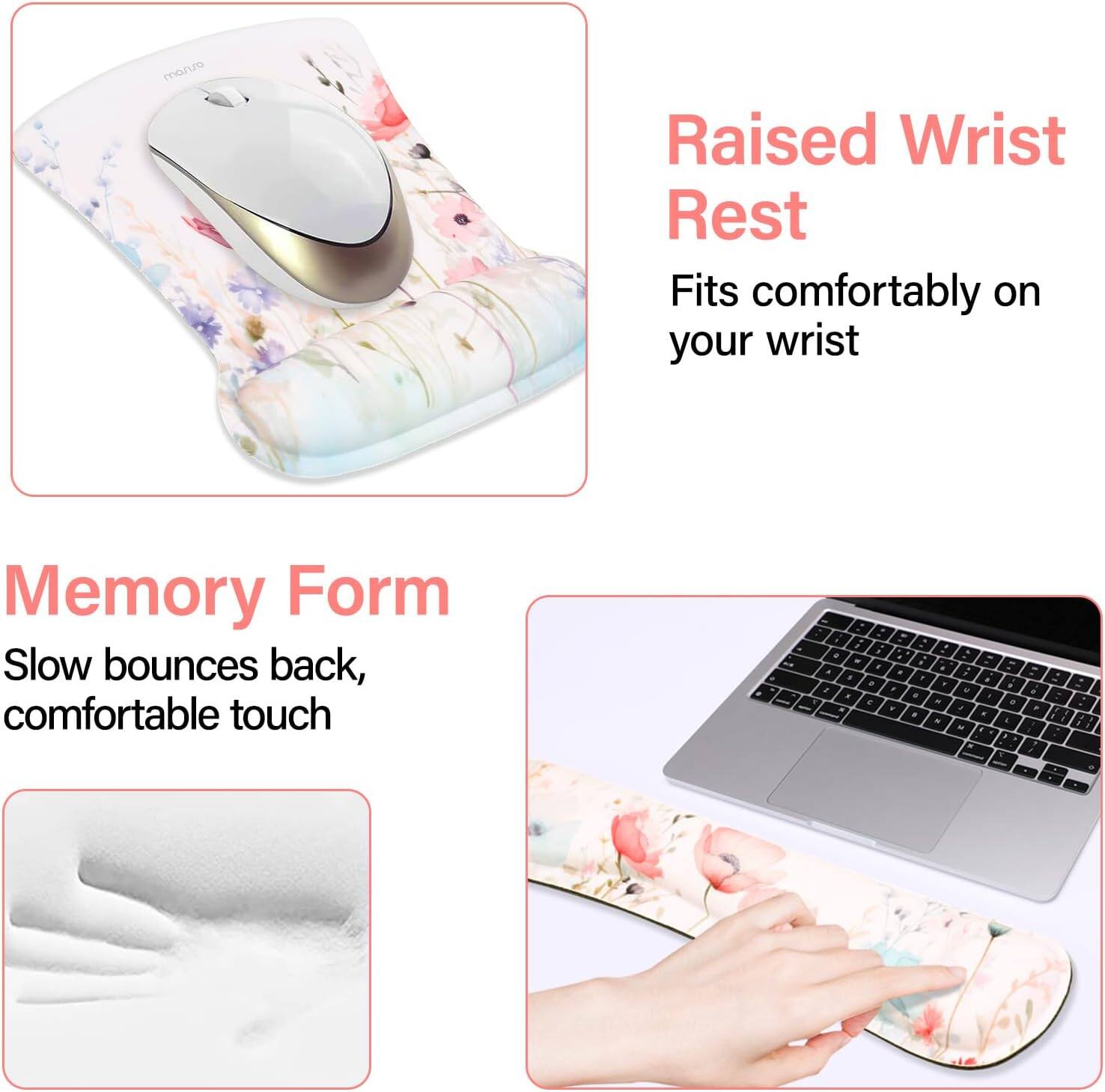 Raised Wrist Rest  
Fits comfortably on your wrist  

Memory Form  
Slow bounces back, comfortable touch
