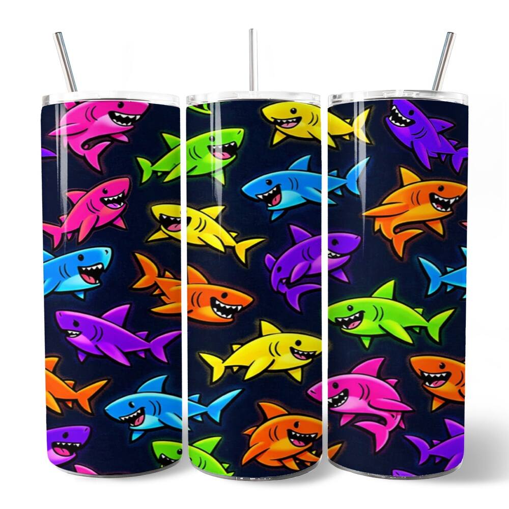 Front. OrnamentallyYou - Neon Cartoon Shark Pattern 20oz Tumbler With Lid and Stainless Steel Straw - Multicolored.