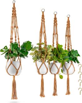 Sorbus - Macrame Plant Hanger (4 Pack) Indoor Outdoor Hanging Plant Pots Cotton Rope, Elegant for Home, Patio, Garden - Brown