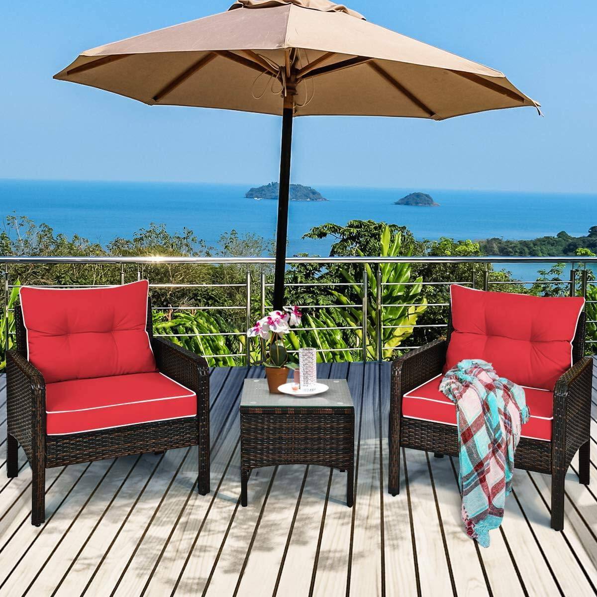Left. Hivvago - 3-Piece Brown PE Rattan Outdoor Dining Patio Furniture Set with Red Cushions - Red, Brown.