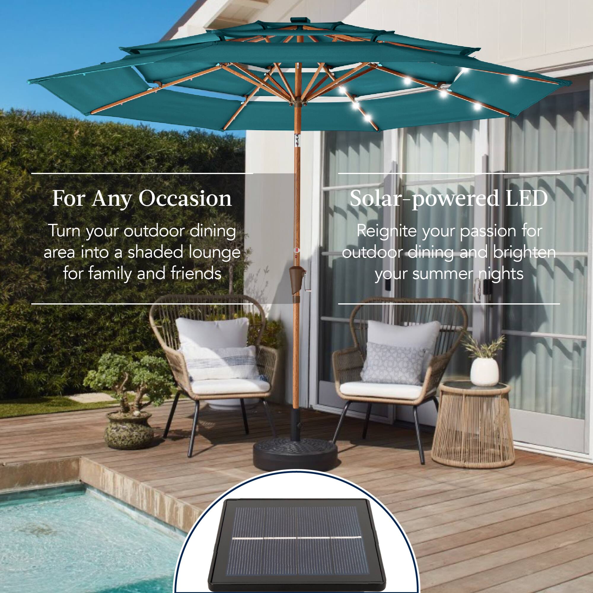 For Any Occasion: Turn your outdoor dining area into a shaded lounge for family and friends. Solar-powered LED: Reignite your passion for outdoor dining and brighten your summer nights.