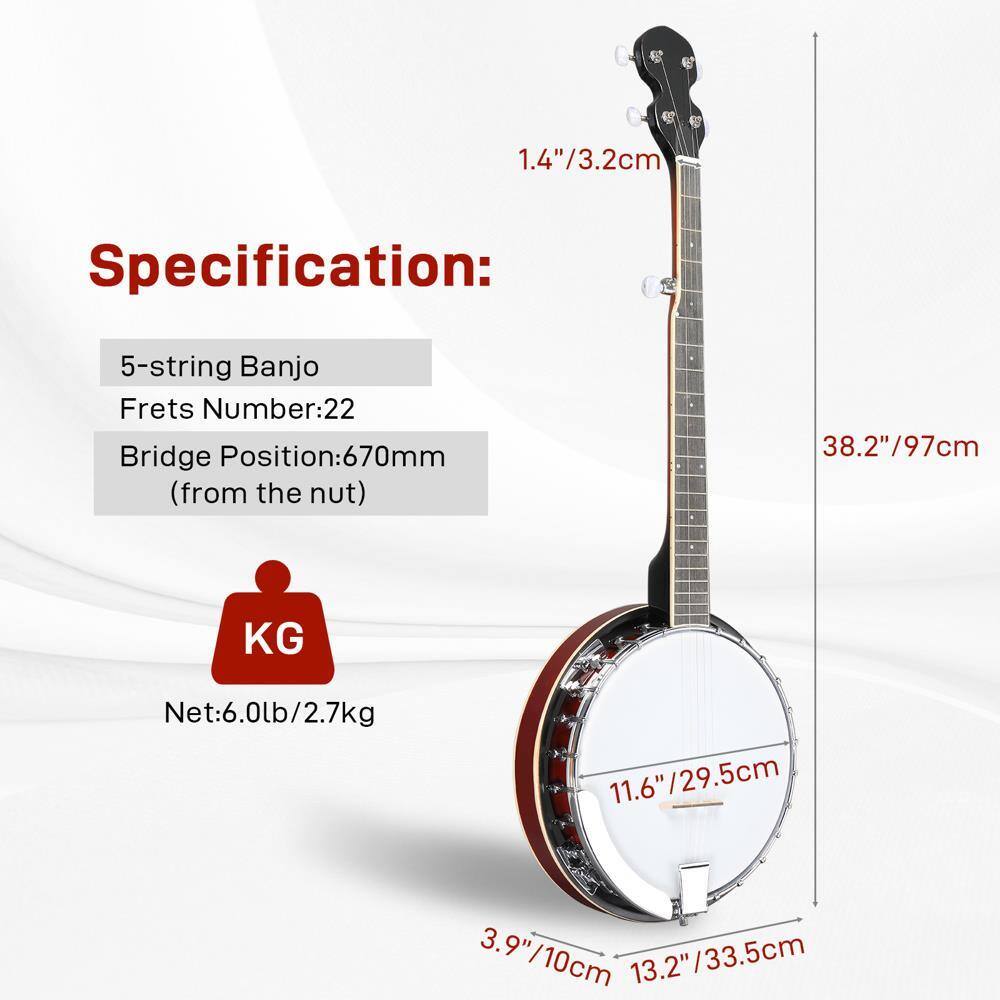 1.4"/3.2cm  
Specification:  
5-string Banjo  
Frets Number:22  
Bridge Position:670mm (from the nut)  
38.2"/97cm  
Net:6.0lb/2.7kg  
11.6"/29.5cm  
3.9"/10cm  
13.2"/33.5cm