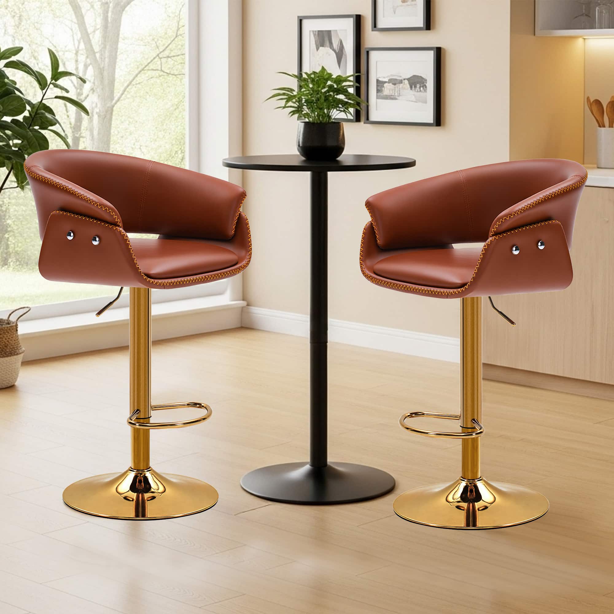 Brick Attic - 24"-32"Adjustable Height Upholstered Low Back Bar ,360° Swivel PU Counter Stool with Footrest，1-piece set - WineRed