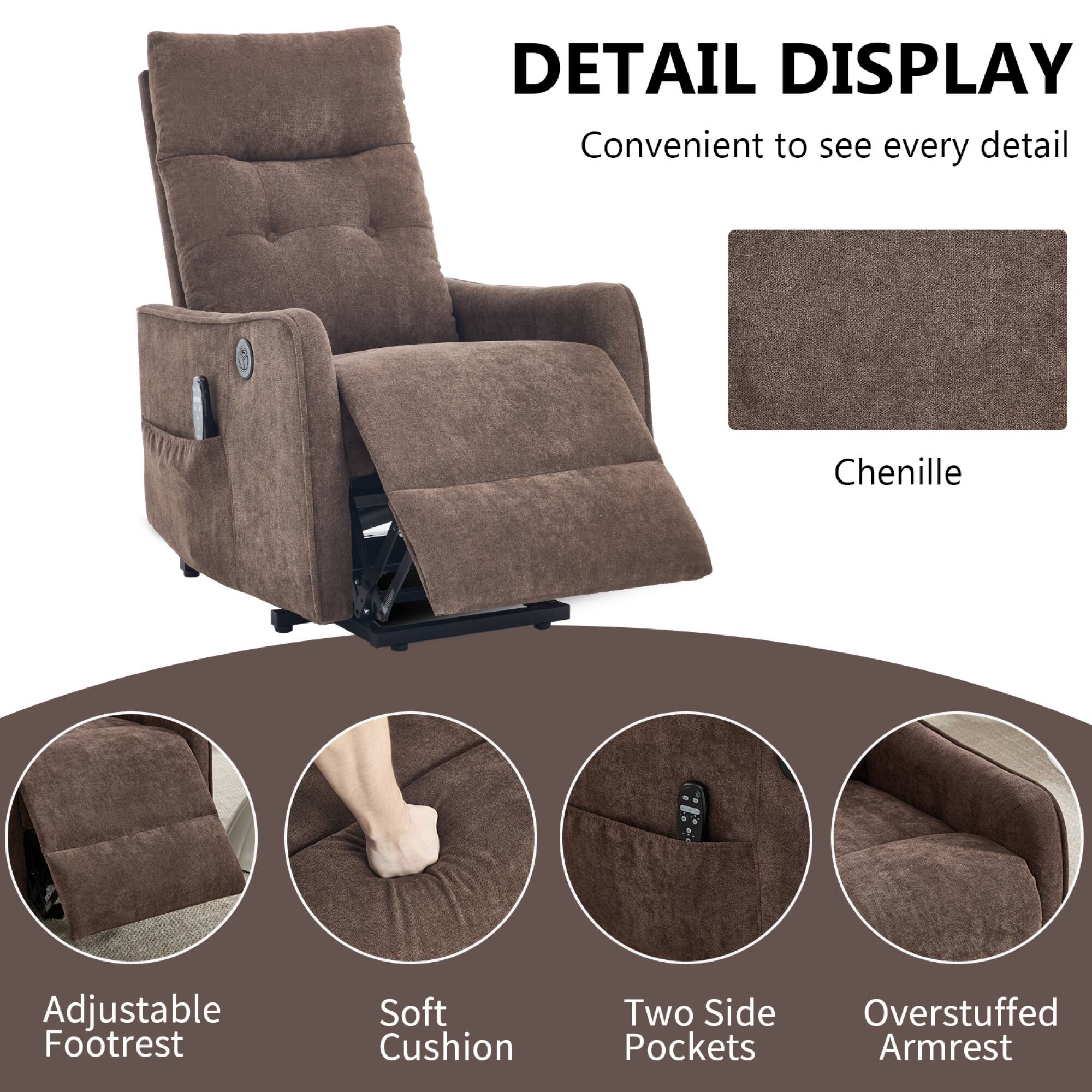 DETAIL DISPLAY  
Convenient to see every detail  

Chenille  

Adjustable Footrest  
Soft Cushion  
Two Side Pockets  
Overstuffed Armrest