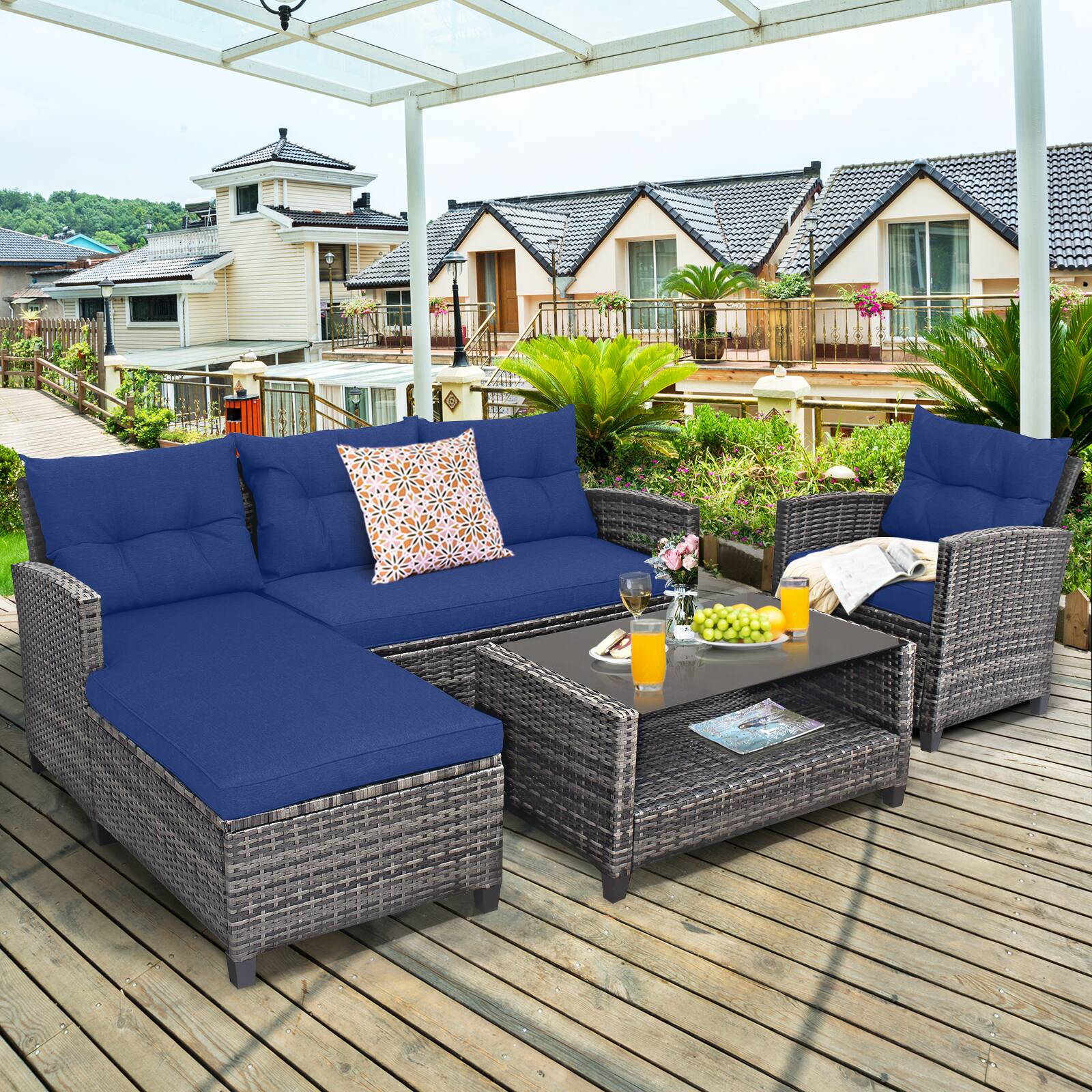 Alt View 4. Costway - Costway 4PCS Patio Rattan Furniture Set with Sofa Ottoman Cushion for Garden Deck - Mix Gray + Navy.