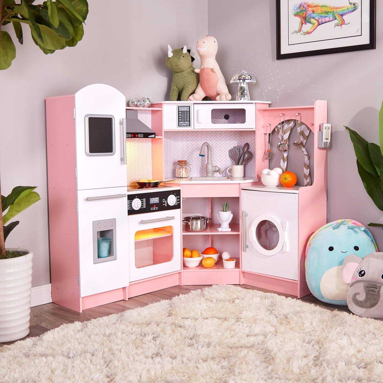 Alt View 7. Lil' Jumbl - Corner Kids Kitchen Playset, Pretend Kids Wooden Kitchen with Stovetop, Faucet & More - Pink - Pink.
