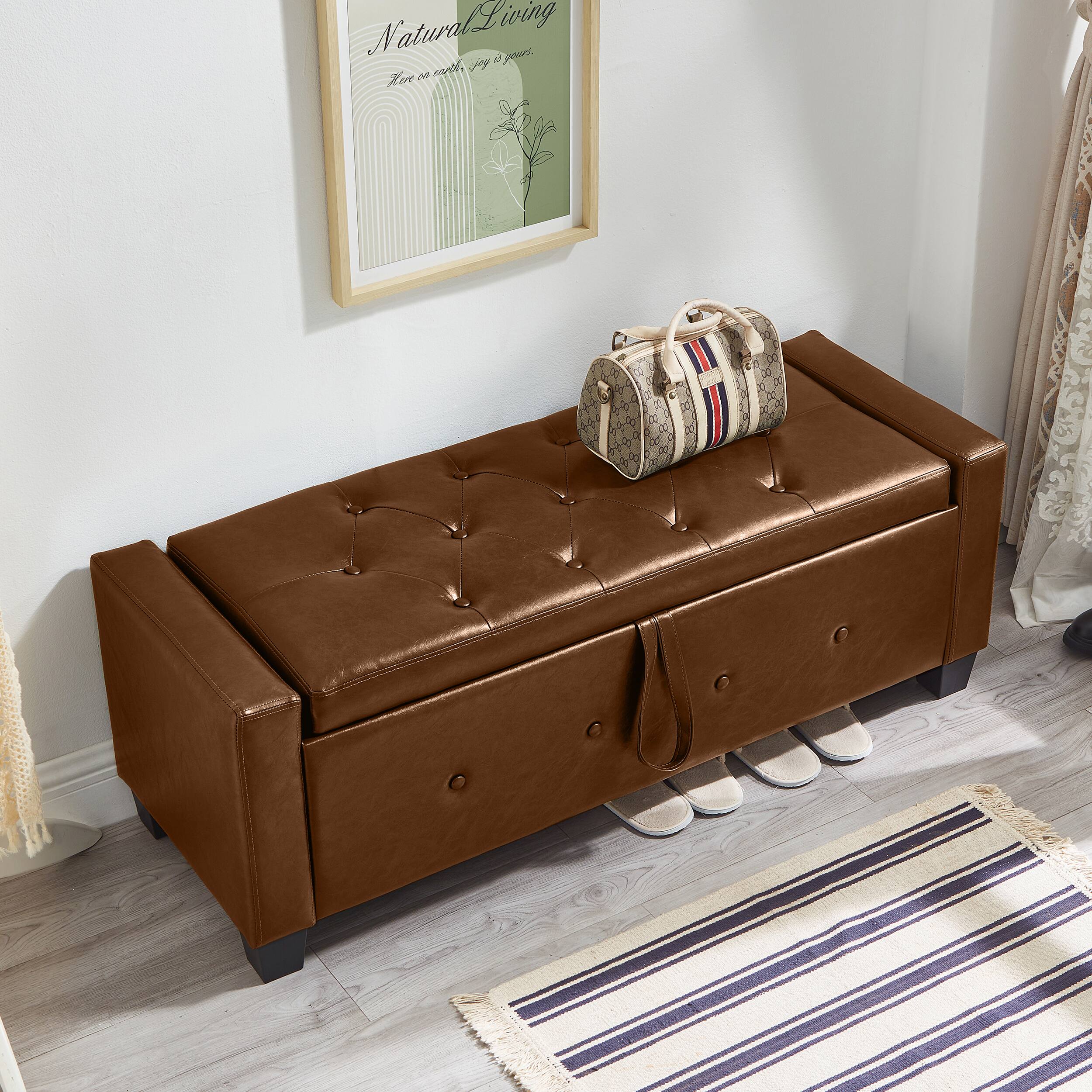 GOODSILO - 48 Inch Upholstered Storage Ottoman Bench with Tufted Faux Leather Design for Living Room and Bedroom - Brown