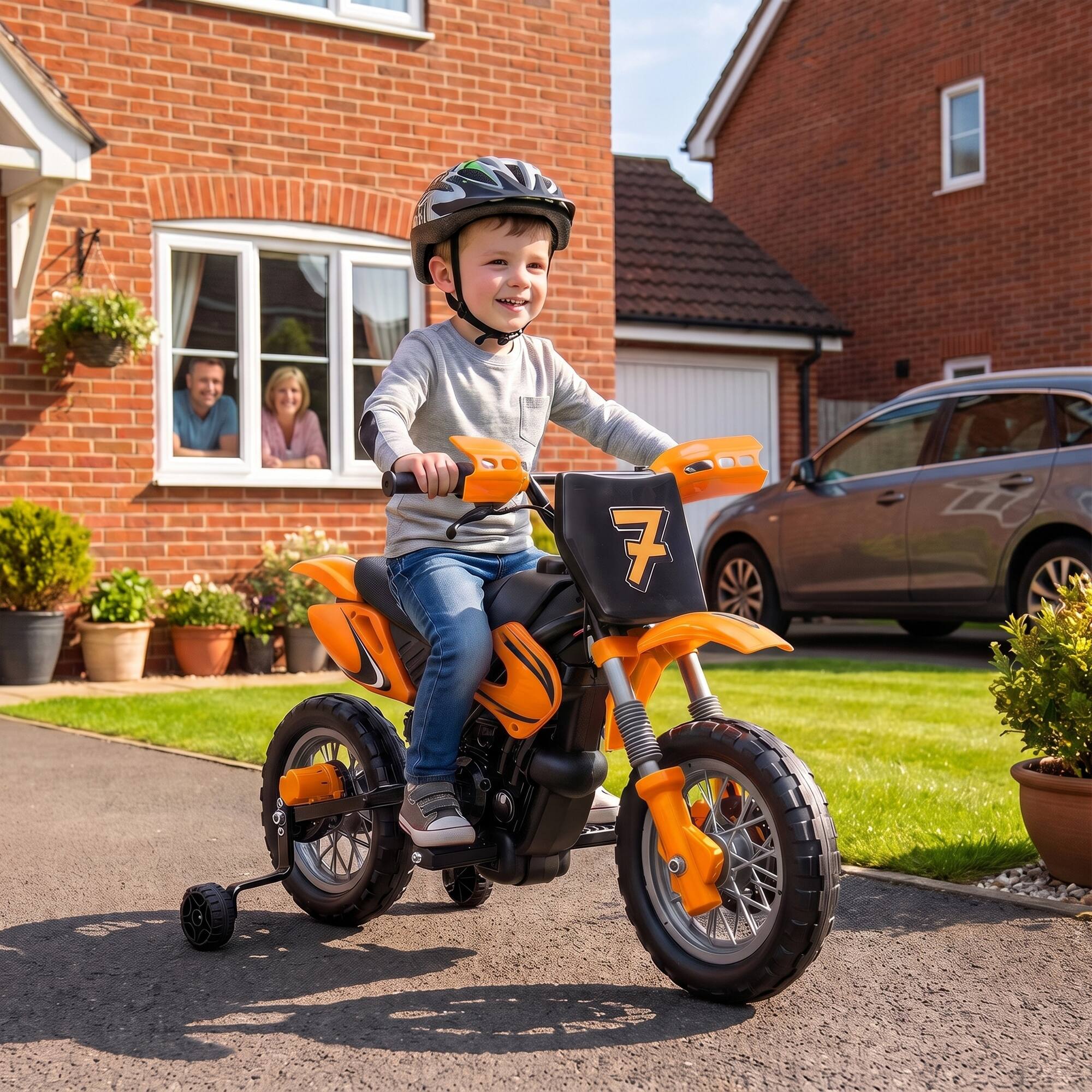 Alt View 1. Qaba - Kids Motorcycle, 2 x 35W Electric Dirt Bike with Training Wheels, Rear Suspension - Orange.