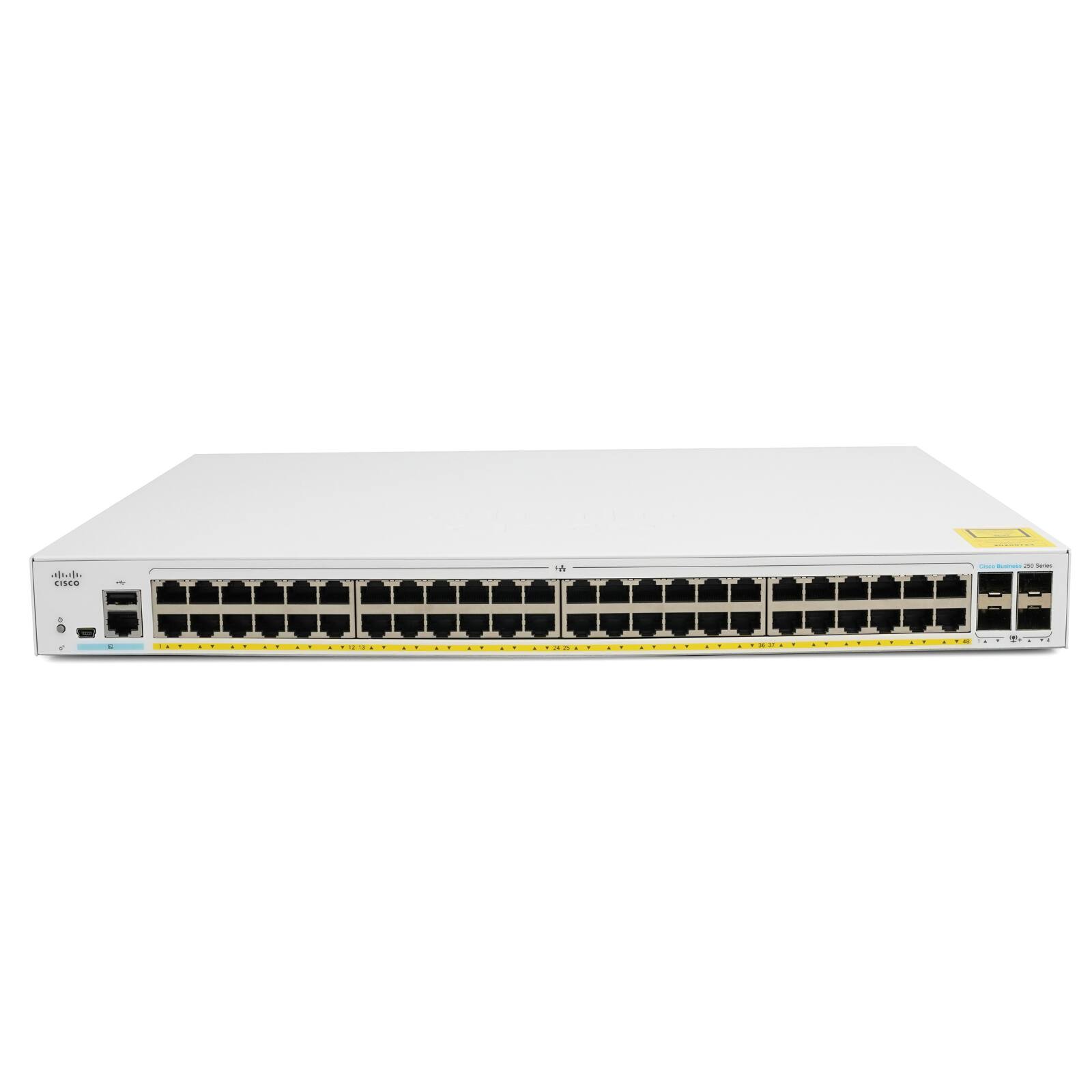 Front. Cisco - CBS250-48P-4X 48-Port Gigabit Ethernet PoE Plus Smart Managed Switch, 370W PoE Budget, 4 SFP Plus 10G Uplinks, Layer 3 - Gray.