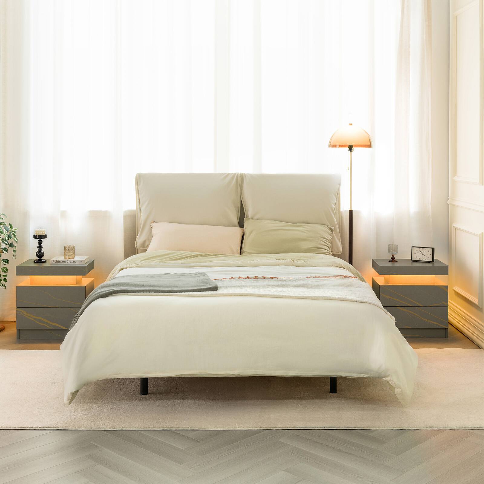 Alt View 5. Ecooso - Contemporary LED Nightstand, Modern Bedside Table with 2 Drawers, Bedroom Storage End Table - Grey/Gold.