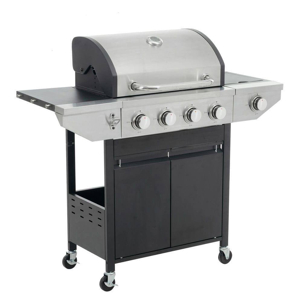 Angle. Resenkos - Propane Grill 4 Burner Barbecue Grill Stainless Steel Gas Grill with Side Burner, 46,500 BTU Outdoor Cooking, Silver.