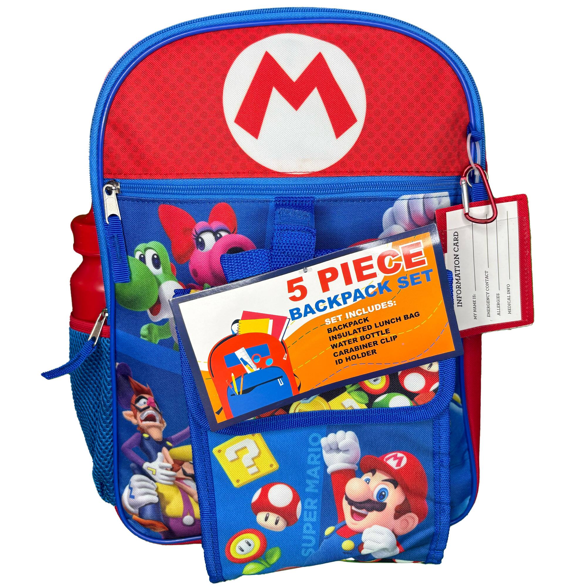 5 PIECE BACKPACK SET  
INCLUDES:  
- BACKPACK  
- LUNCH BAG  
- INSULATED BOTTLE  
- WATER CARABINER CLIP  
- ID HOLDER  

MARIO  
SUPER MARIO  

INFORMATION CARD  
NAME:  
CONTACT:  
ALLERGIES:  
EMERGENCY: