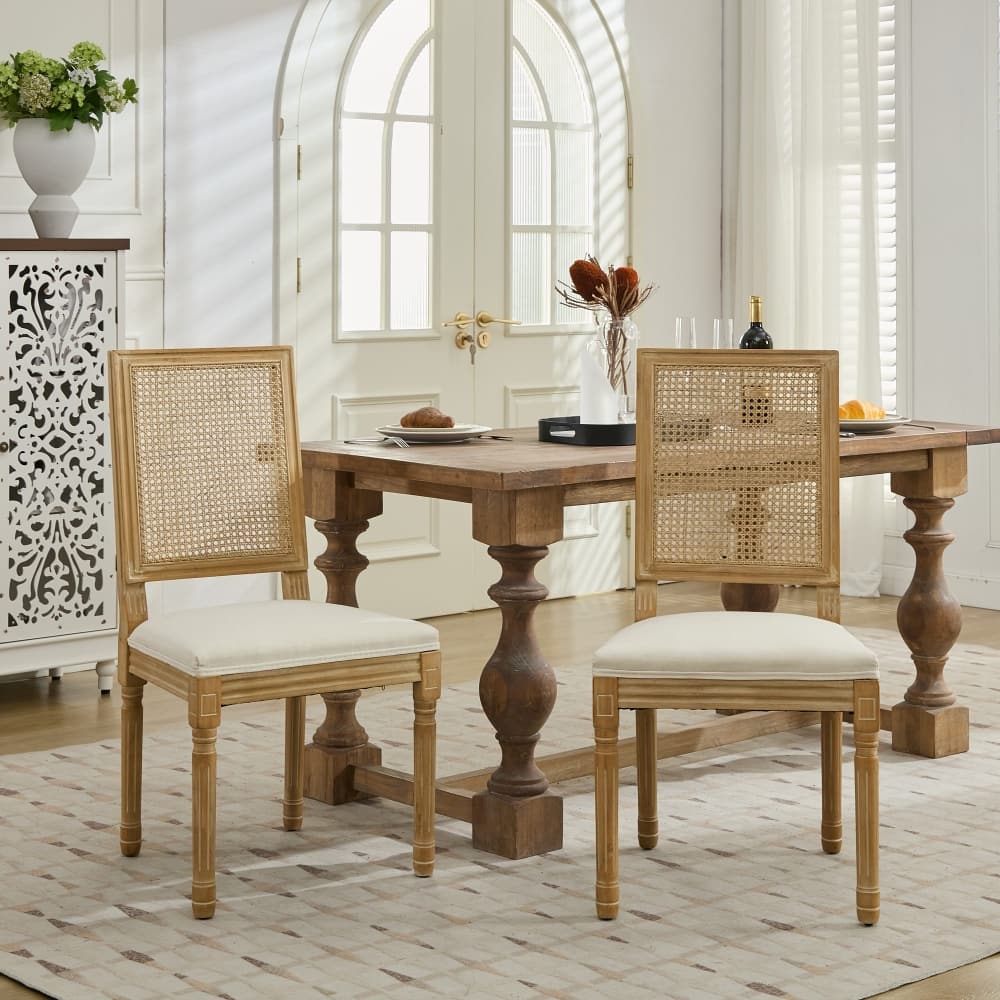 Loheer - French Decor Chairs Set of 2, Louis Dining Chairs with Square Rattan Backrest, Solid Wood Frame - Beige price history on PriceWatchPro