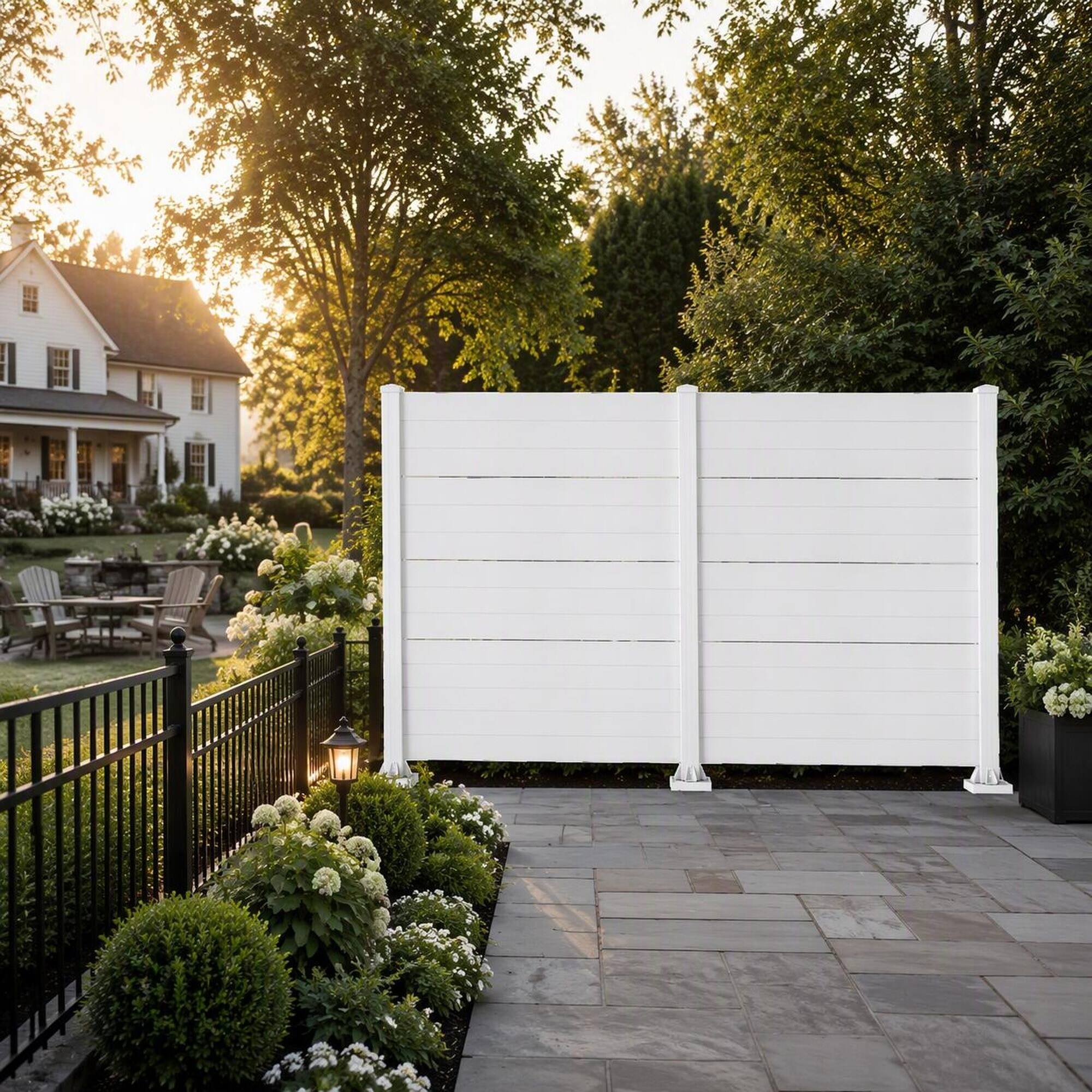 Back. RYHNUYNE - 2-Panel Outdoor Privacy Screen in White with Aluminum Posts for Air Conditioner, Trash Can, or Garden Enclosure - White.