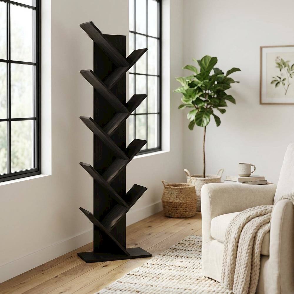 Left. FurniFact - 9-Tier Floor Bookcase with Engineered Wood Shelving for Storage and Display - Brown.