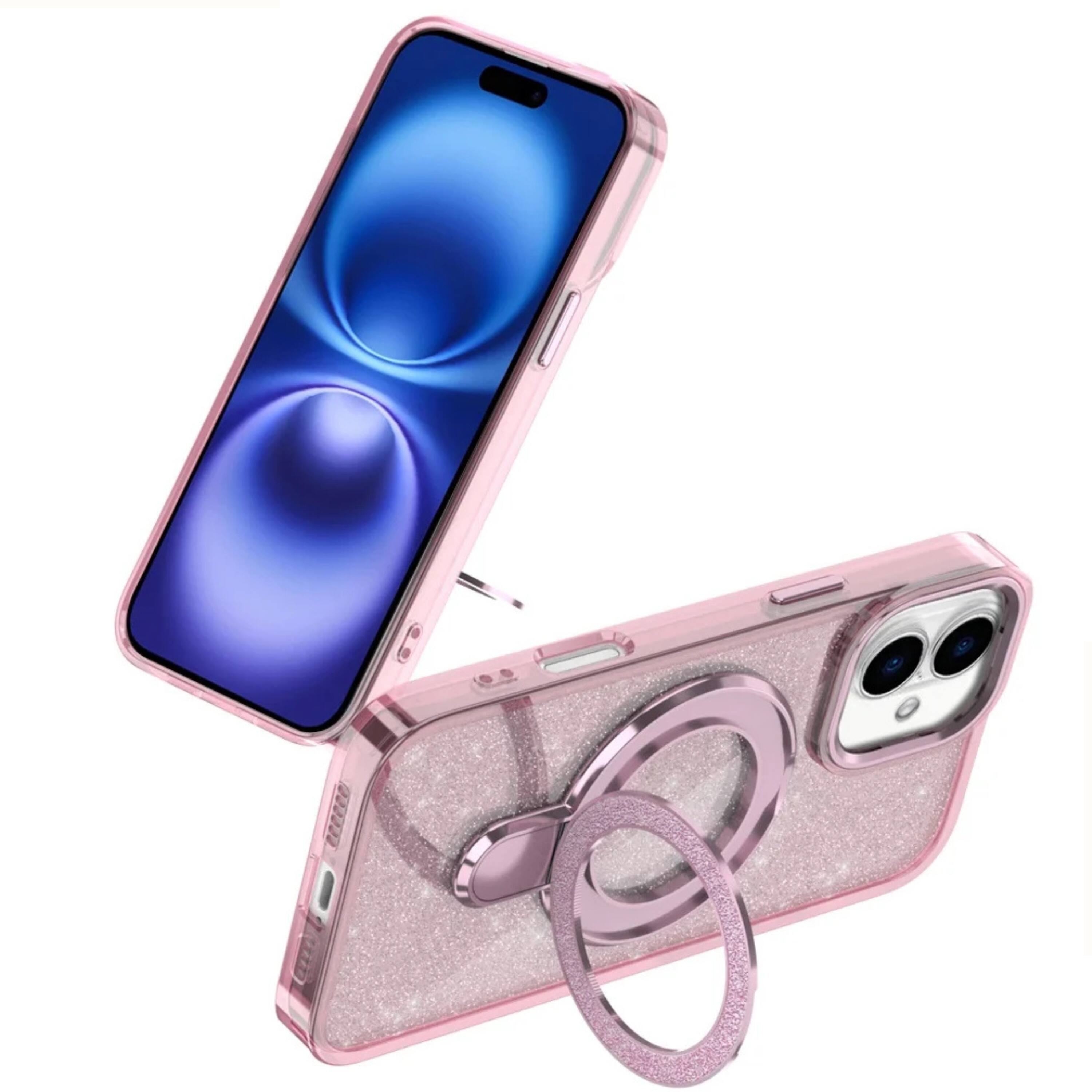 Left. Kitcheniva - Iphone 17 Translucent Glitter Case With Magnetic Circle Stand And Protective Cover Light Pink - Pink.