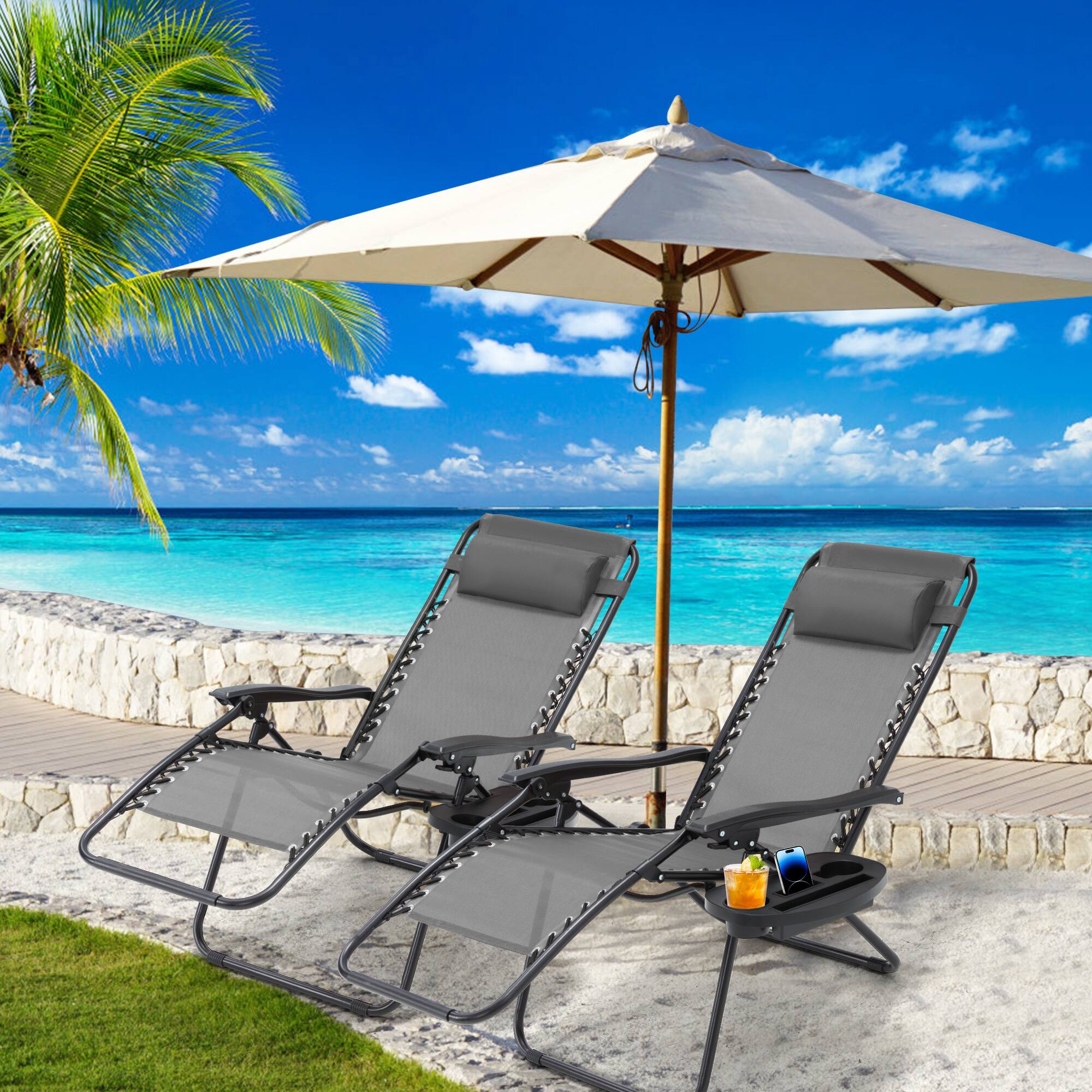 Left. U-HOMY - Zero Gravity Reclining Lounge Chair Set of 2 Outdoor Folding Recliners with Cup Holder and Weather Resistant Fabric - Grey.