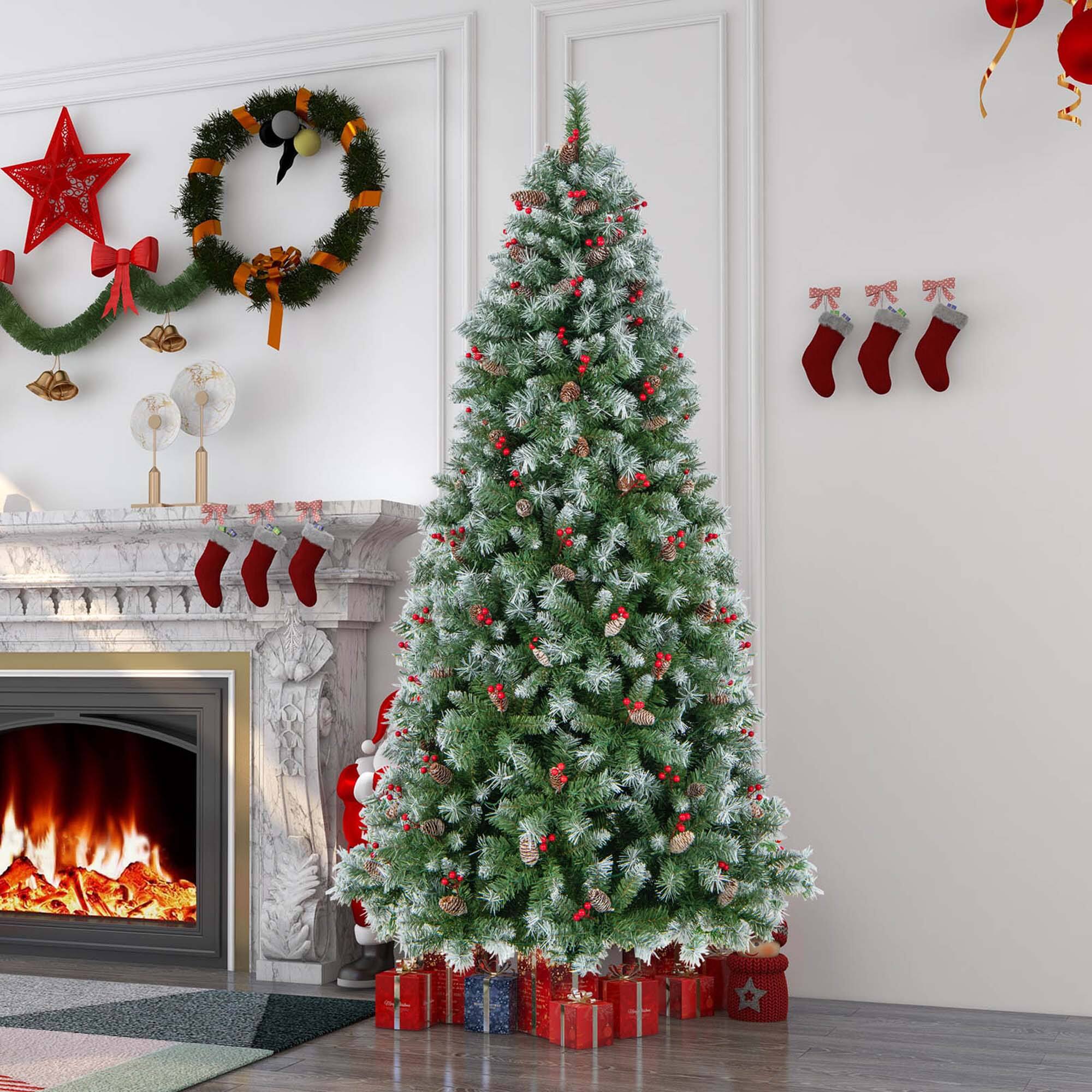 Alt View 14. Costway - 7.5 FT Artificial Christmas Tree Hinged with 560 Warm LED Lights & 267 Red Berries - Green/White.