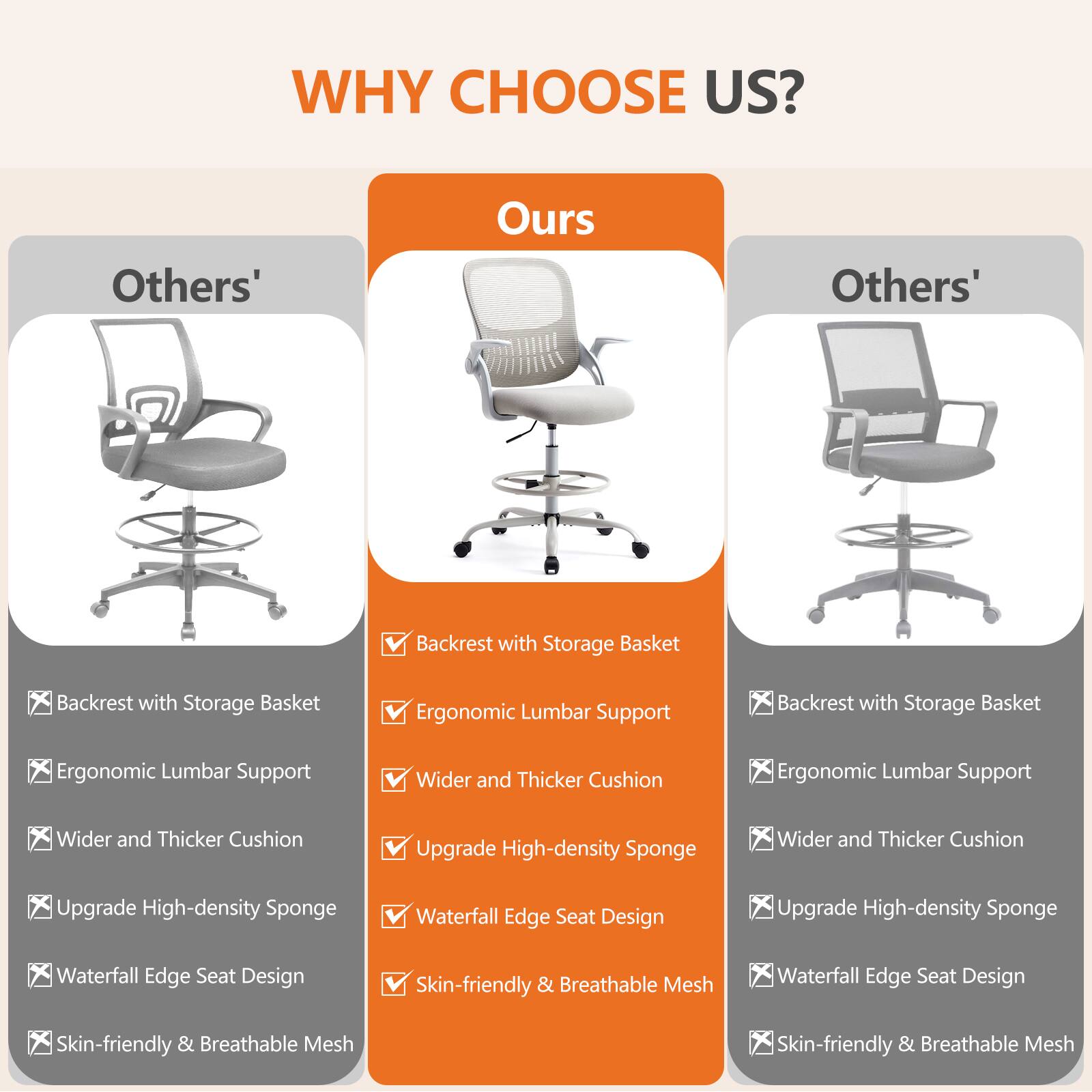 **WHY CHOOSE US?**

**Others'**  
- Backrest with Storage Basket  
- Ergonomic Lumbar Support  
- Wider and Thicker Cushion  
- Upgrade High-density Sponge  
- Waterfall Edge Seat Design  
- Skin-friendly & Breathable Mesh  

**Ours**  
- Backrest with Storage Basket  
- Ergonomic Lumbar Support  
- Wider and Thicker Cushion  
- Upgrade High-density Sponge  
- Waterfall Edge Seat Design  
- Skin-friendly & Breathable Mesh  

**Others'**  
- Backrest with Storage Basket  
- Ergonomic Lumbar Support  
- Wider and Thicker Cushion  
- Upgrade High-density Sponge  
- Waterfall Edge Seat Design  
- Skin-friendly & Breathable Mesh