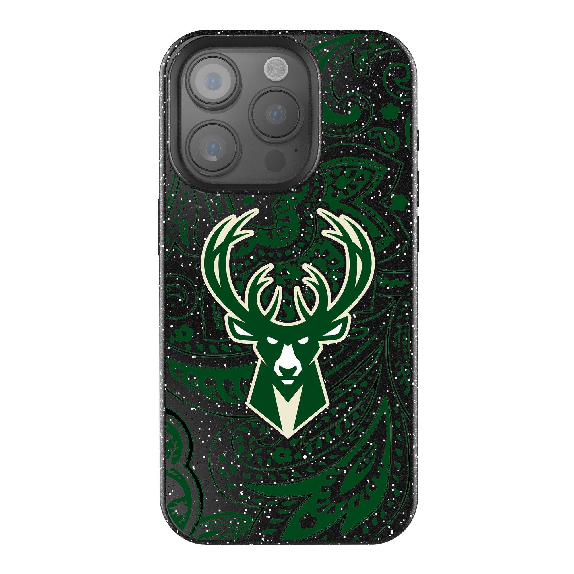 Front. Keyscaper - Milwaukee Bucks Paisley Bling iPhone Case - 15 Pro - Black.