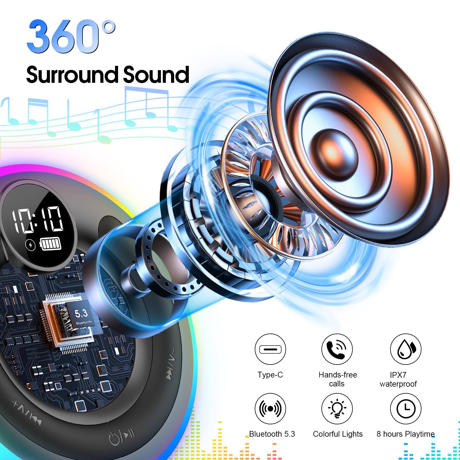 360° Surround Sound

- 10:10
- 5.3
- Type-C
- Bluetooth 5.3
- Hands-free calls
- IPX7 waterproof
- Colorful Lights
- 8 hours Playtime