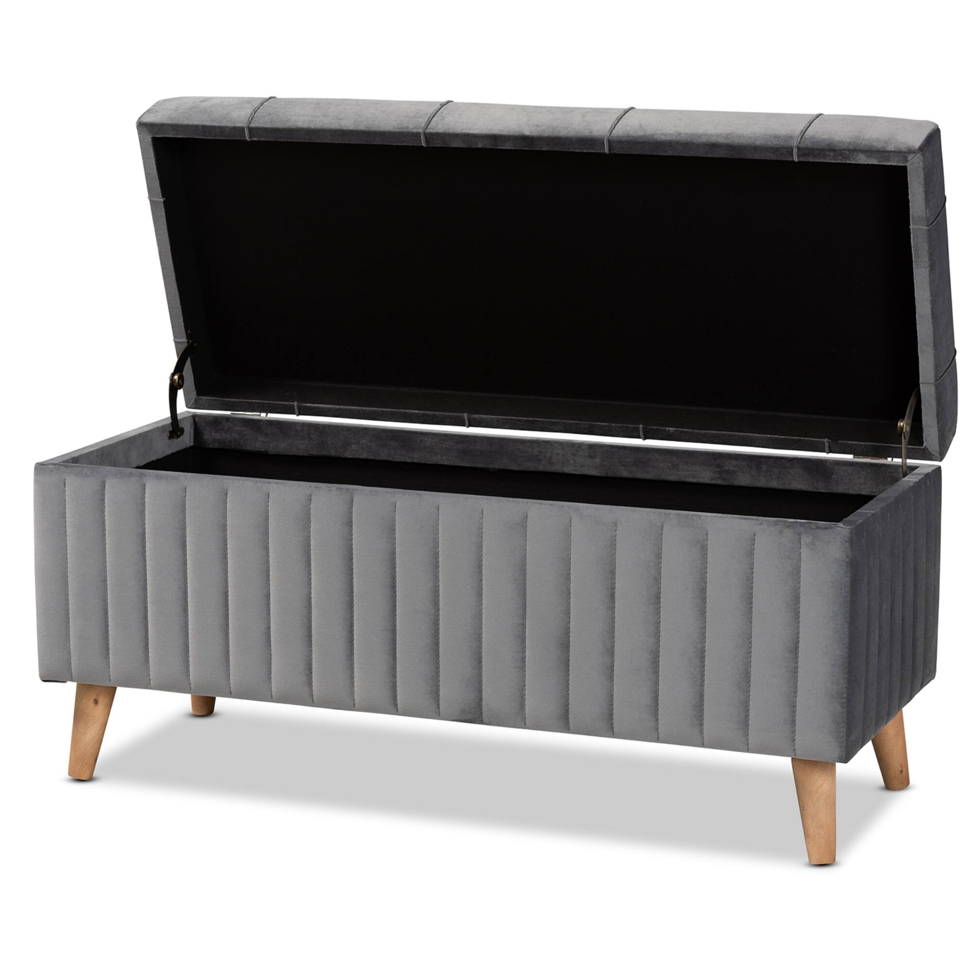 Angle. Baxton Studio - Hanley Modern and Contemporary Velvet Fabric Upholstered and Walnut Brown Finished Wood Storage Ottoman - Grey/Walnut Brown.