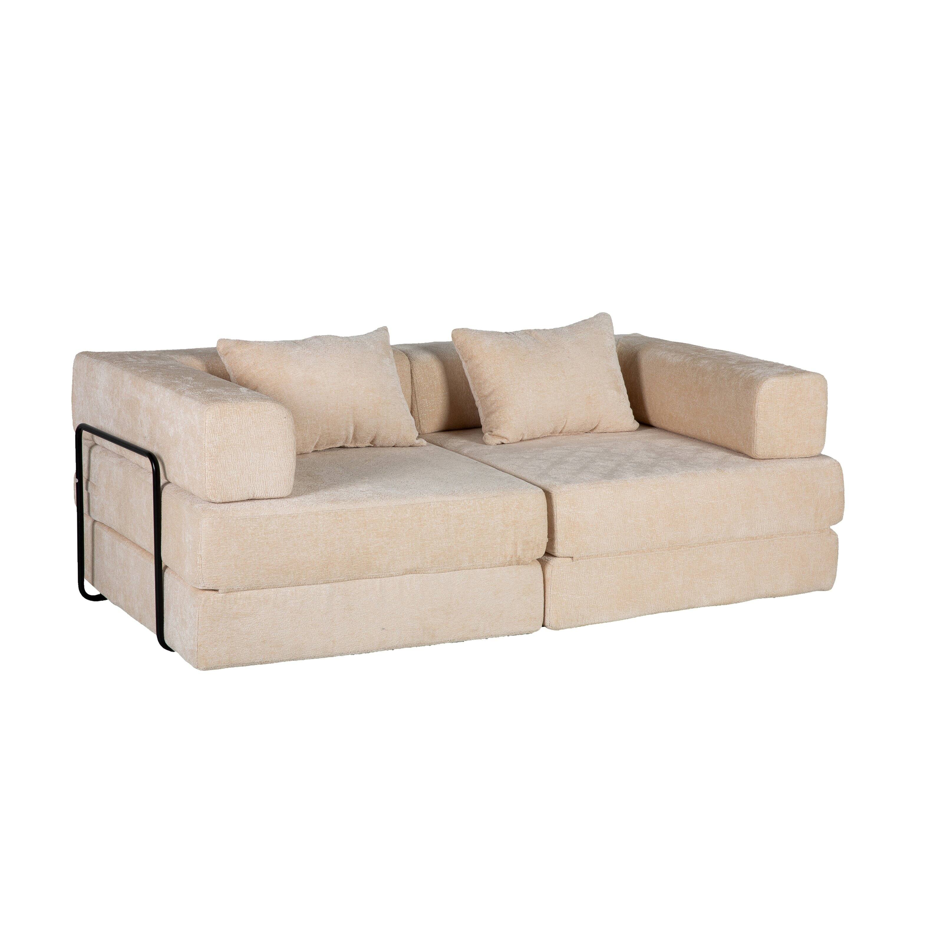 Back. Whisen - Chenille Convertible Floor Sofa Bed, Modular 2-Seater Loveseat, Memory Foam Sleeper for Living Room - Beige.