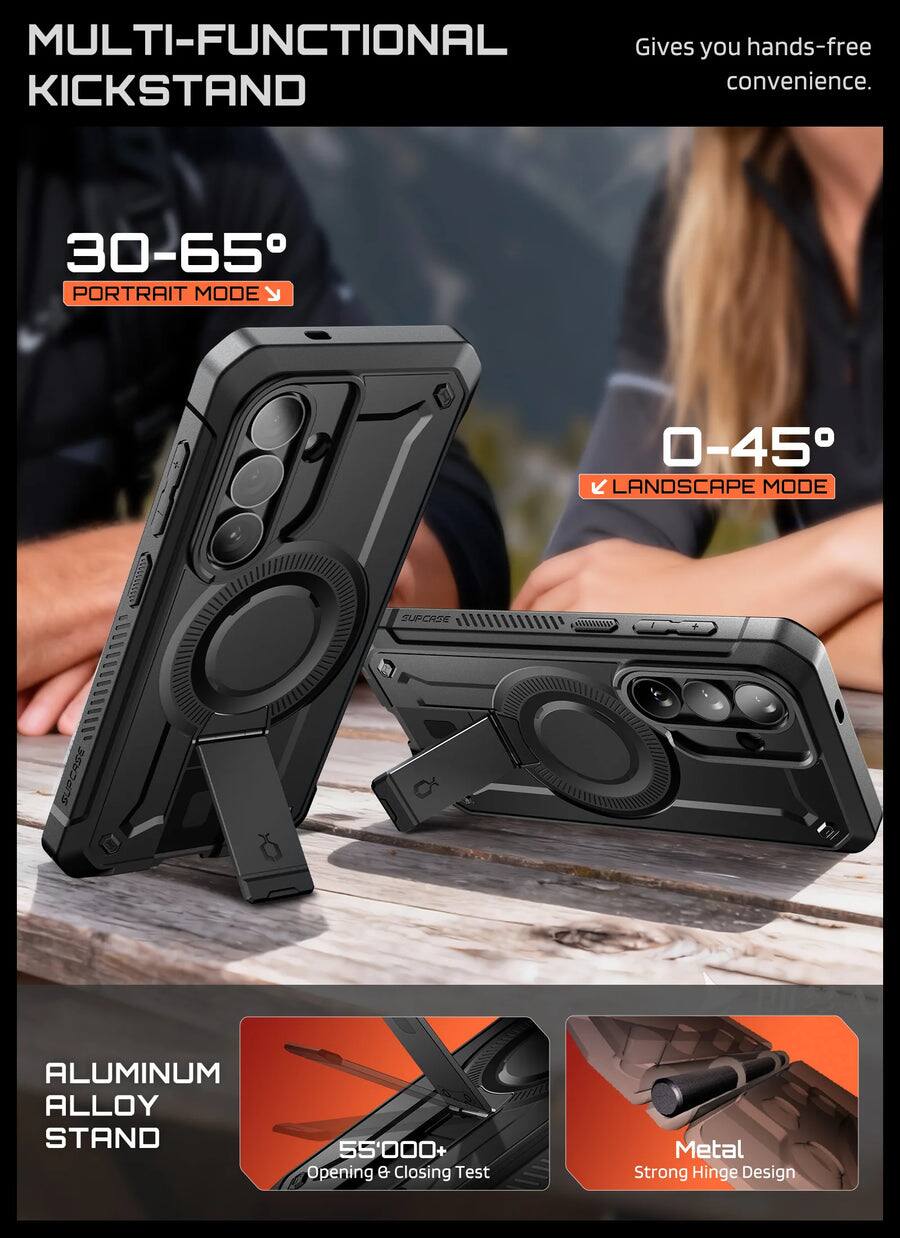 MULTI-FUNCTIONAL KICKSTAND  
Gives you hands-free convenience.  

30-65° PORTRAIT MODE  
0-45° LANDSCAPE MODE  

ALUMINUM ALLOY STAND  
55,000+ Opening & Closing Test  
Metal Strong Hinge Design