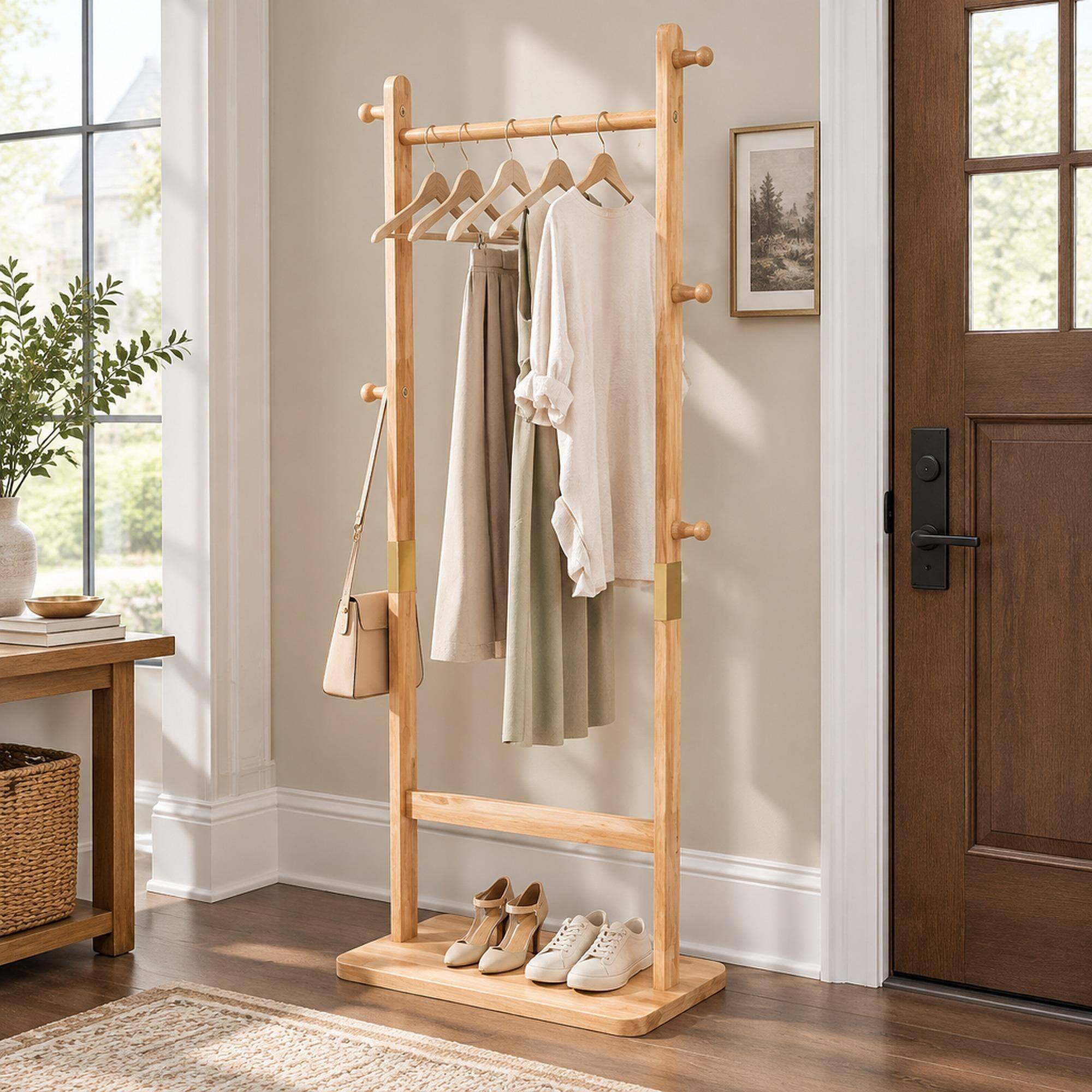 Front. RYHNUYNE - Solid Wood Coat Stand, 23.6 x 11 x 71 in, Natural Finish, Space Saving Rack for Bedroom, Entryway, Living Room - Natural Wood Wash.