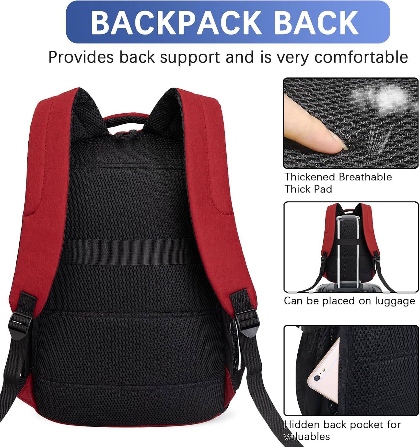 **BACKPACK BACK**

- Provides back support and is very comfortable
- Thickened Breathable Thick Pad
- Can be placed on luggage
- Hidden back pocket for valuables