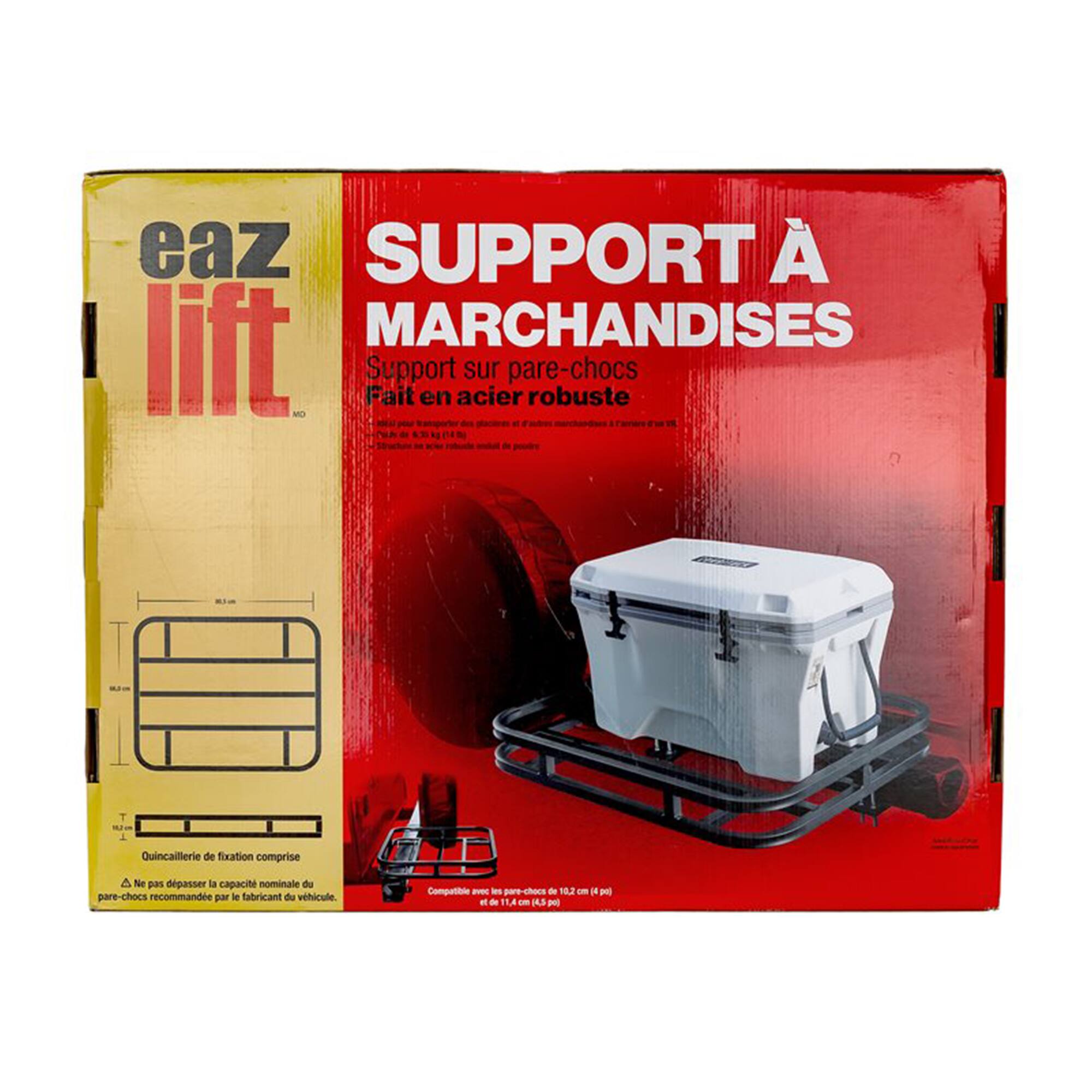 Sure, here is the corrected and grouped text from the image:

---

**eaz lift**

**SUPPORT À MARCHANDISES**

Support sur pare-chocs  
Fait en acier robuste

Quincaillerie de fixation comprise

Ne pas dépasser la capacité nominale du pare-chocs recommandée par le fabricant du véhicule.

Compatible avec des pare-chocs de 11.4 cm à 15.2 cm (4.5 in à 6 in).

---

This text is organized to reflect the information on the packaging.