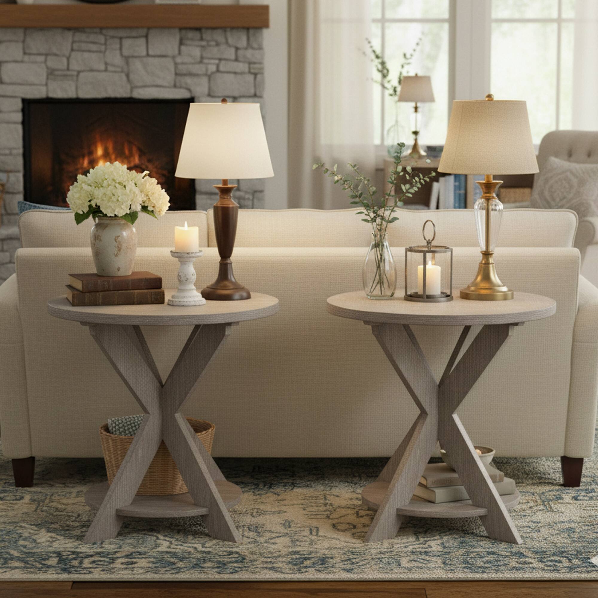 Alt View 5. COZAYH - COZAYH Farmhouse Round End Table, Rustic Cross-Leg Design, Grey, Set of 2 - Grey.