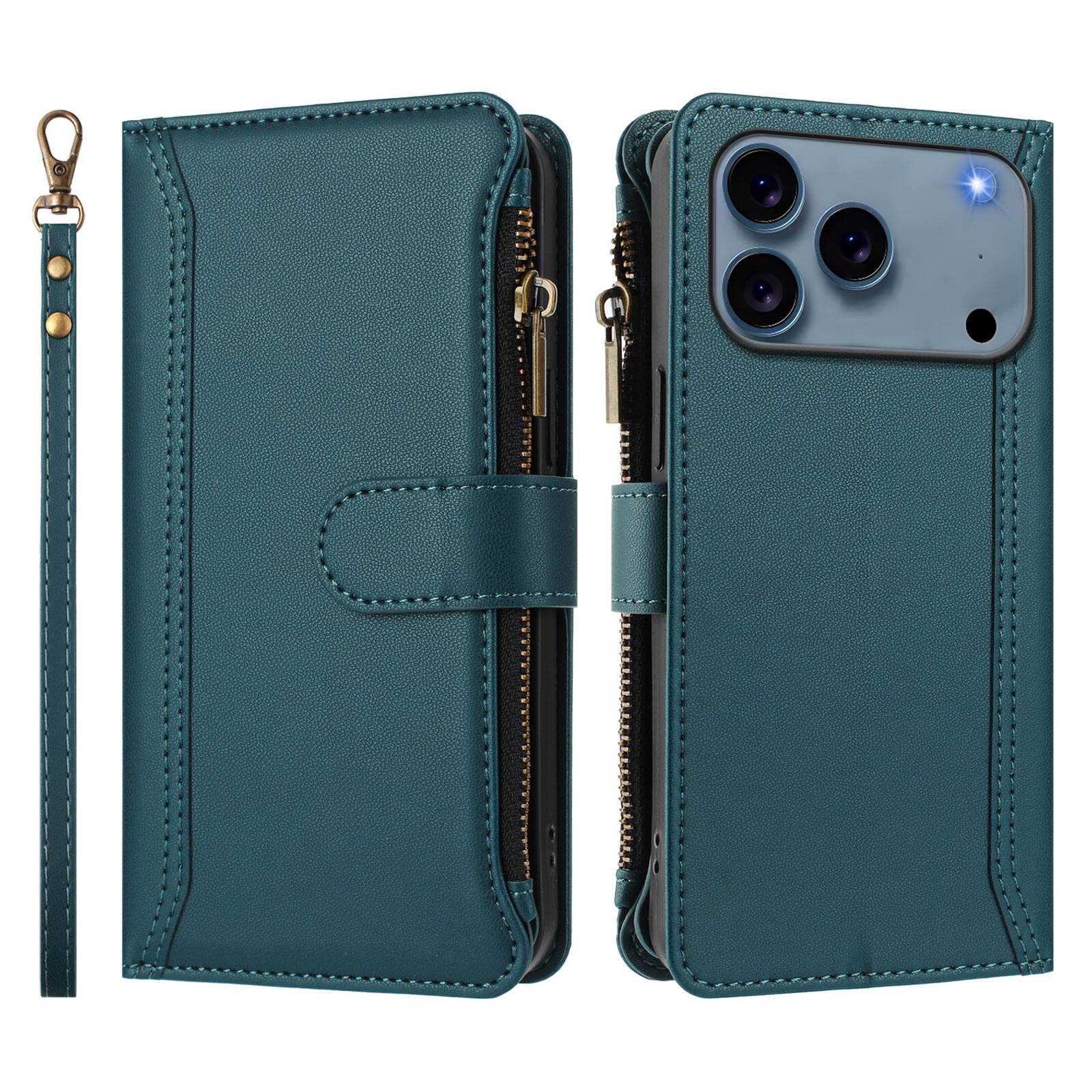 Angle. UUCOVER - Wallet Case for Apple iPhone 17 Pro Max with Zipper Pocket, Cash Card Slots, Wrist and Shoulder Strap, Flip Stand Cover - Darkgreen.
