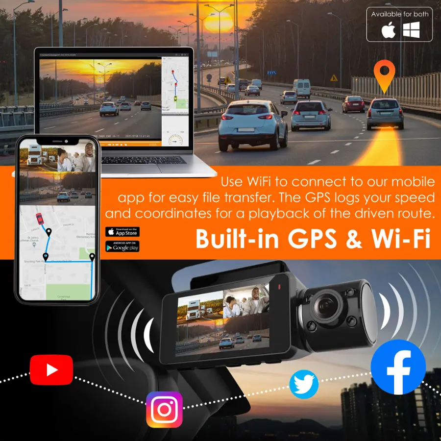 Available for both iOS and Android, the app can be downloaded from the App Store or Google Play. Use Wi-Fi to connect to our mobile app for easy file transfer. The GPS logs your speed and coordinates for a playback of the driven route.