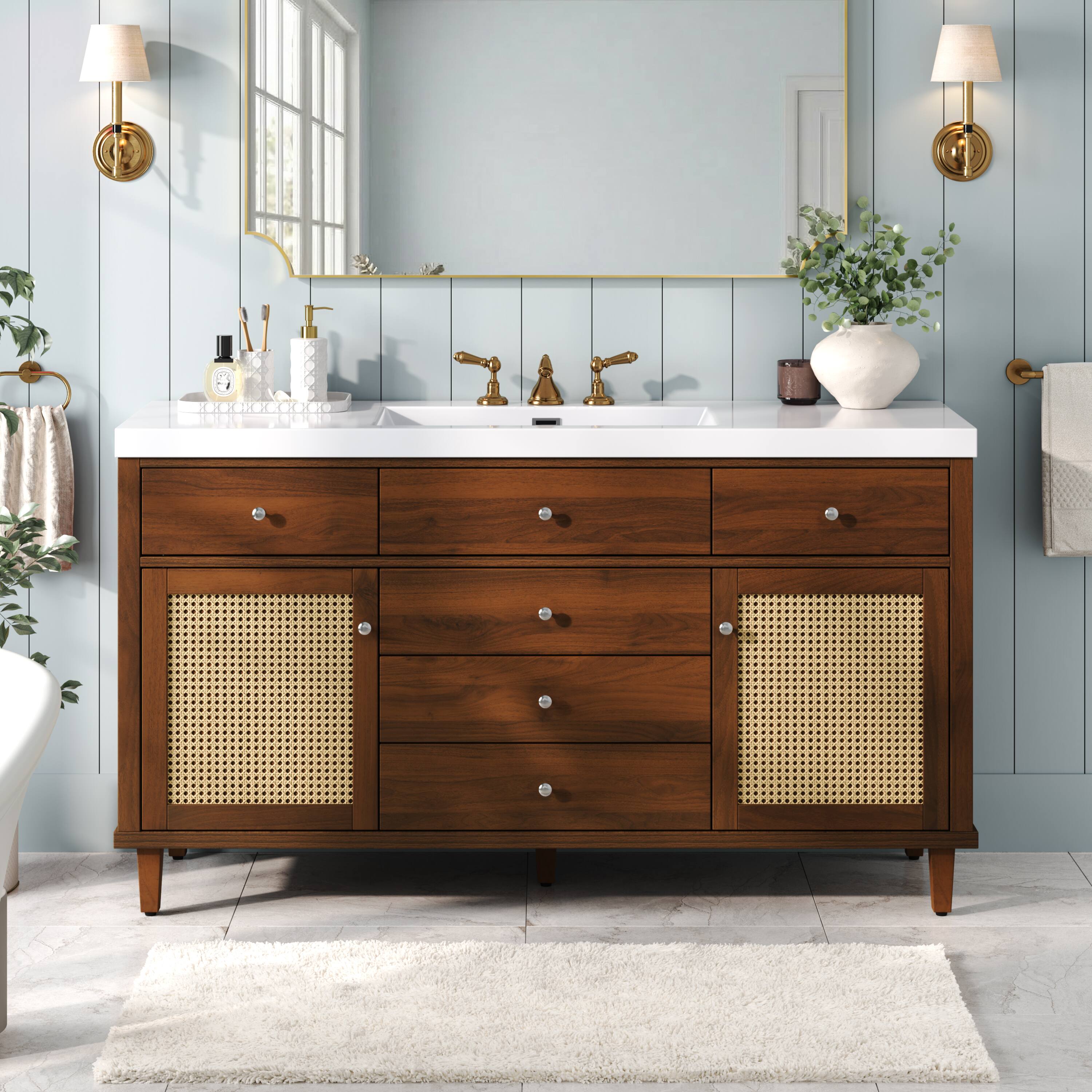 Back. Loheer - 5 ft Modern Bathroom Vanity with SMC Sink and Rattan Doors - Brown.