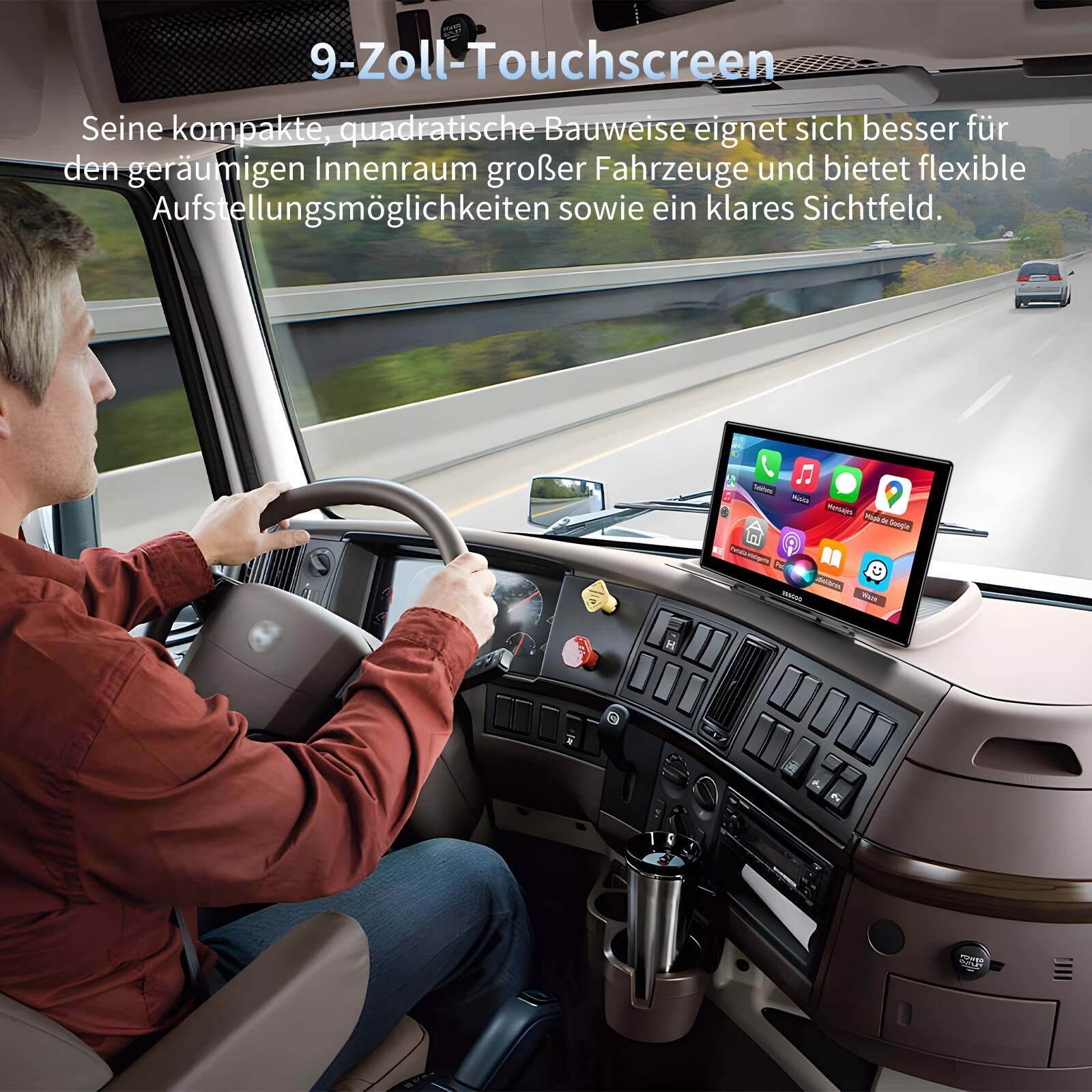 9-Zoll-Touchscreen  
Seine kompakte, quadratische Bauweise eignet sich besser für den geräumigen Innenraum großer Fahrzeuge und bietet flexible Aufstellungs Möglichkeiten sowie ein klares Sichtfeld.