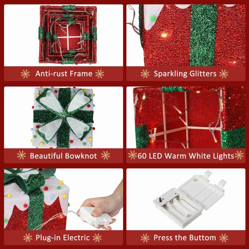 - Anti-rust Frame
- Sparkling Glitters
- Beautiful Bowknot
- 60 LED Warm White Lights
- Plug-in Electric
- Press the Button