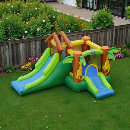 Front. BreeBe - Inflatable Jungle Castle for Children with Storage Bag, No Blower - Green.