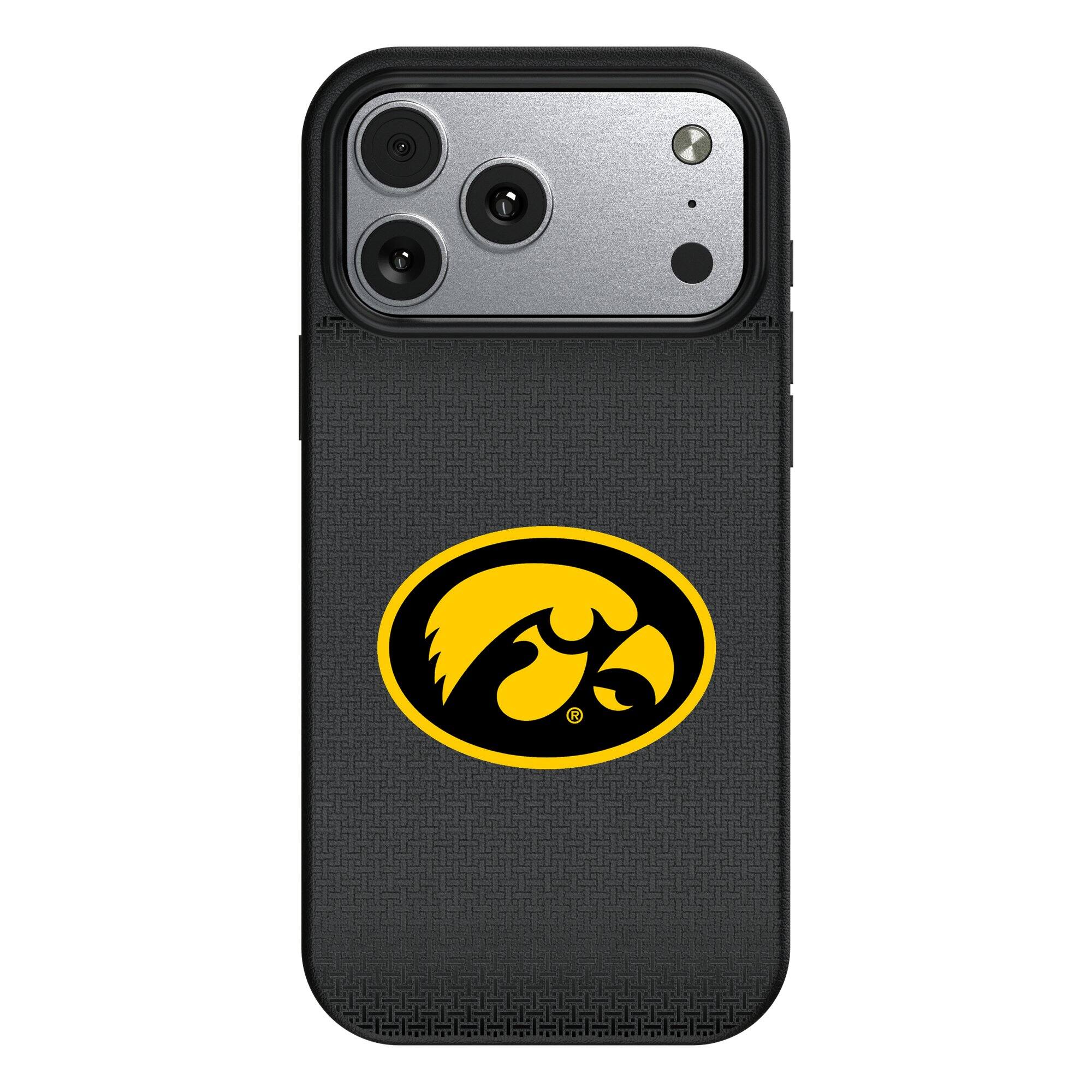 Front. Keyscaper - Iowa Hawkeyes Linen Logo iPhone Magnetic Bump Case - 15 Pro - Black.
